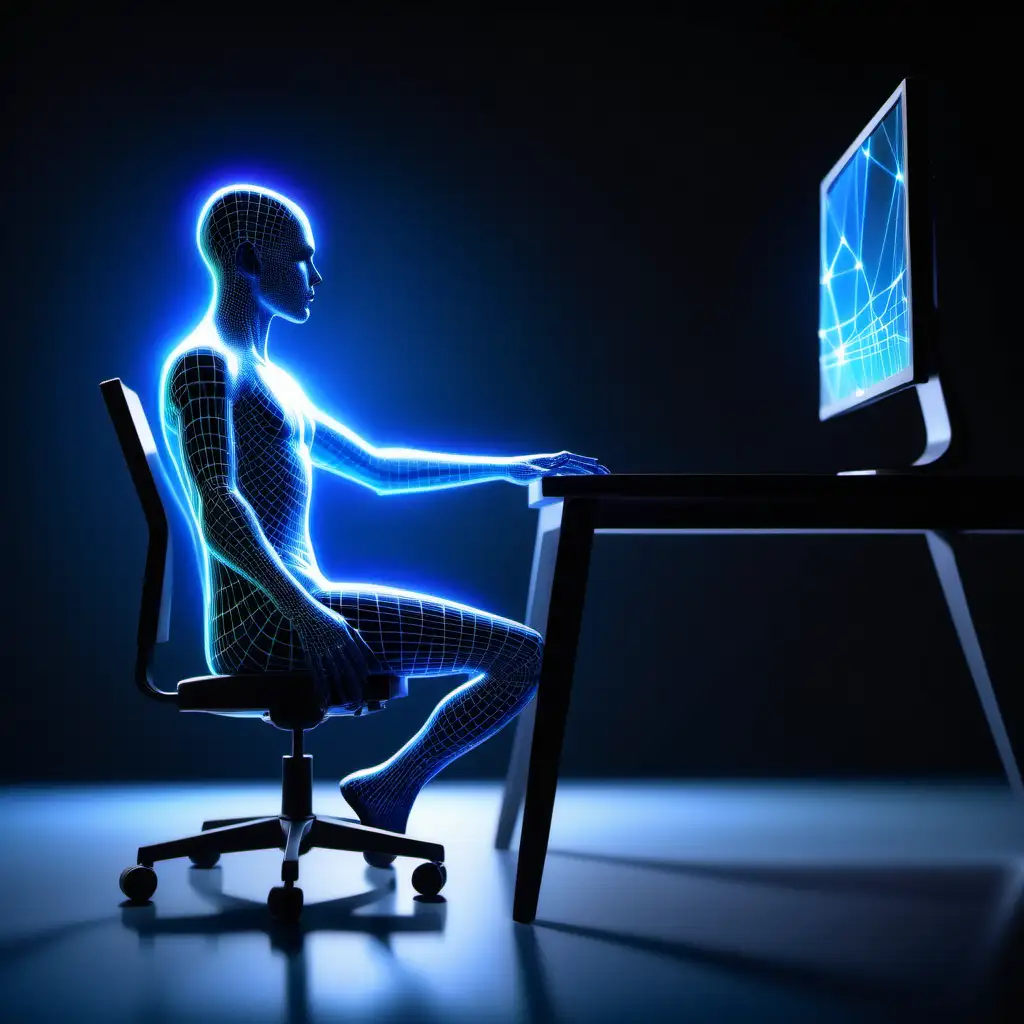 side view of holographic figure sitting on the chair at the table in correct sitting position with straight highlighted back looking at the monitor, blue rays and web and shine go from monitor toward it and dark and modern hifi background
