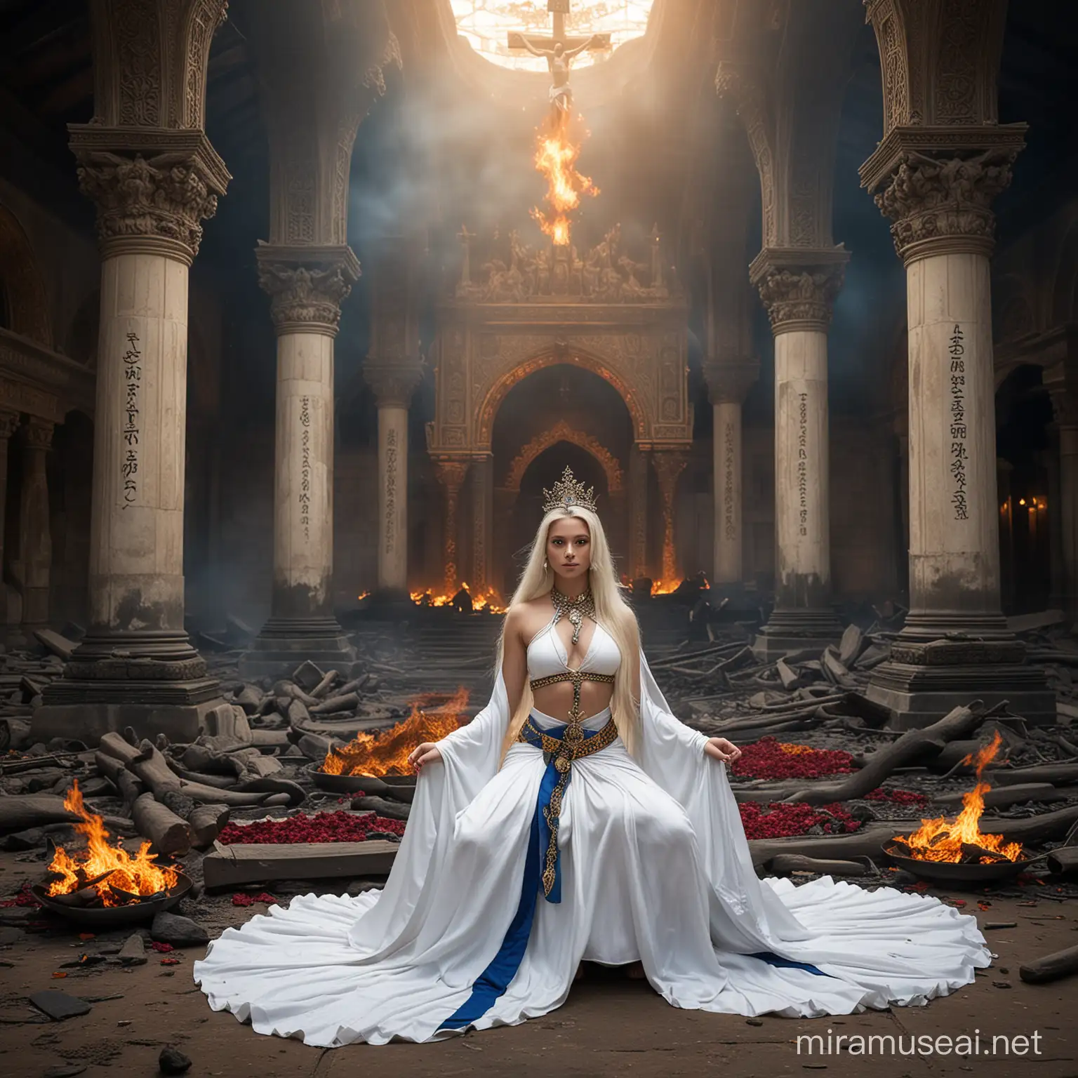 Empress Goddess in Fiery Lotus Pose Amidst Demonic Deities and Dark Valley