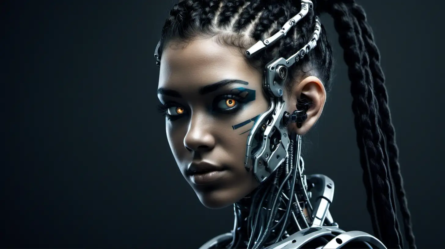 Cyborg woman, 18 years old. She has a cyborg face, but she is extremely beautiful. Wild hair. Dark braids.