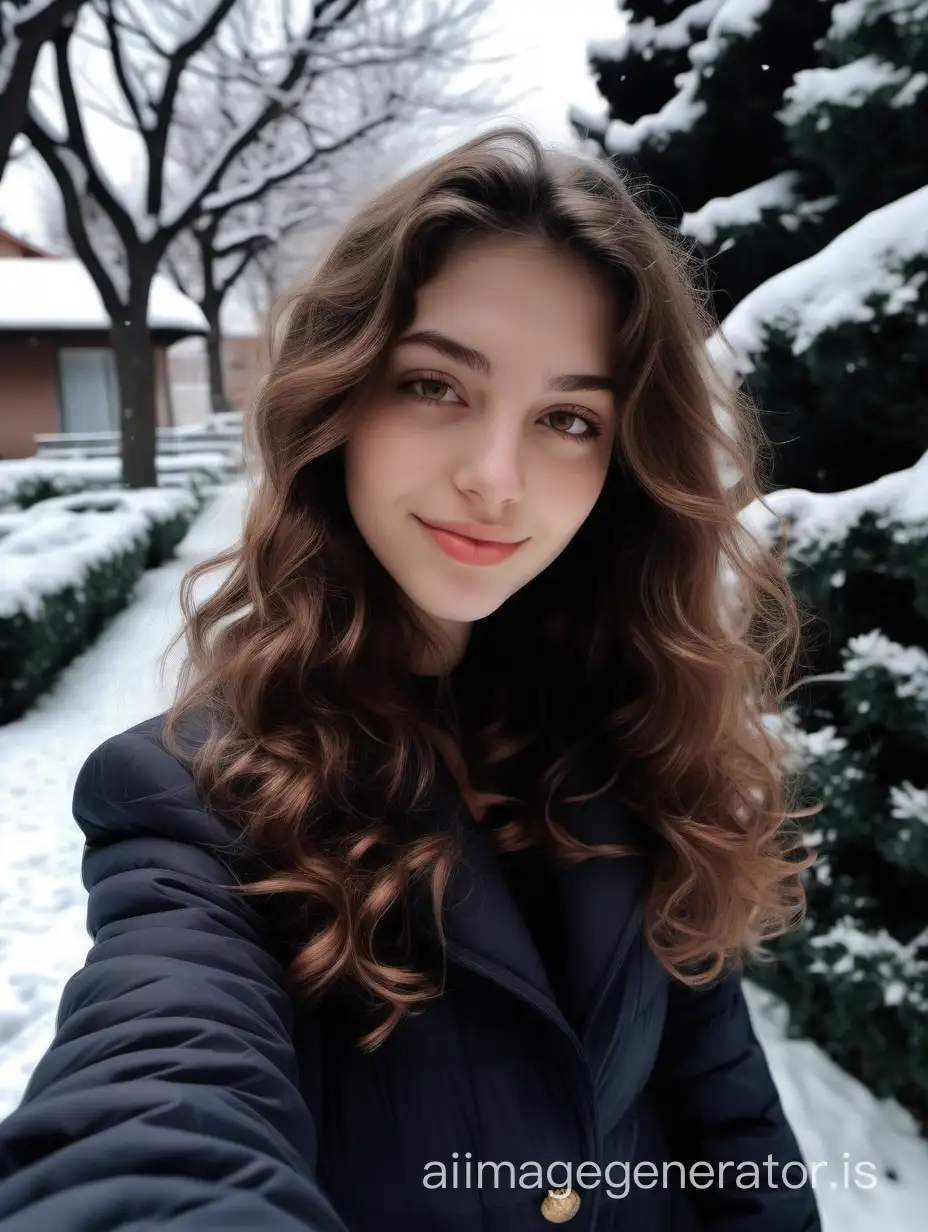 a photo of Michela, an Italian prosperous girl just came back home from college with brown wavy hair, taking a self hot picture, relaxing in the garden with snow around