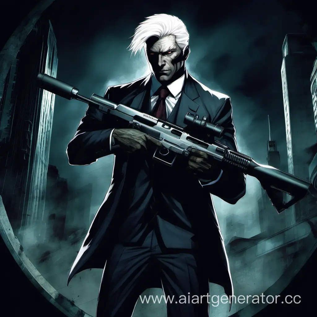 Elegant-Venture-into-the-World-of-Darkness-WhiteHaired-Man-in-Business-Suit-with-Rifle