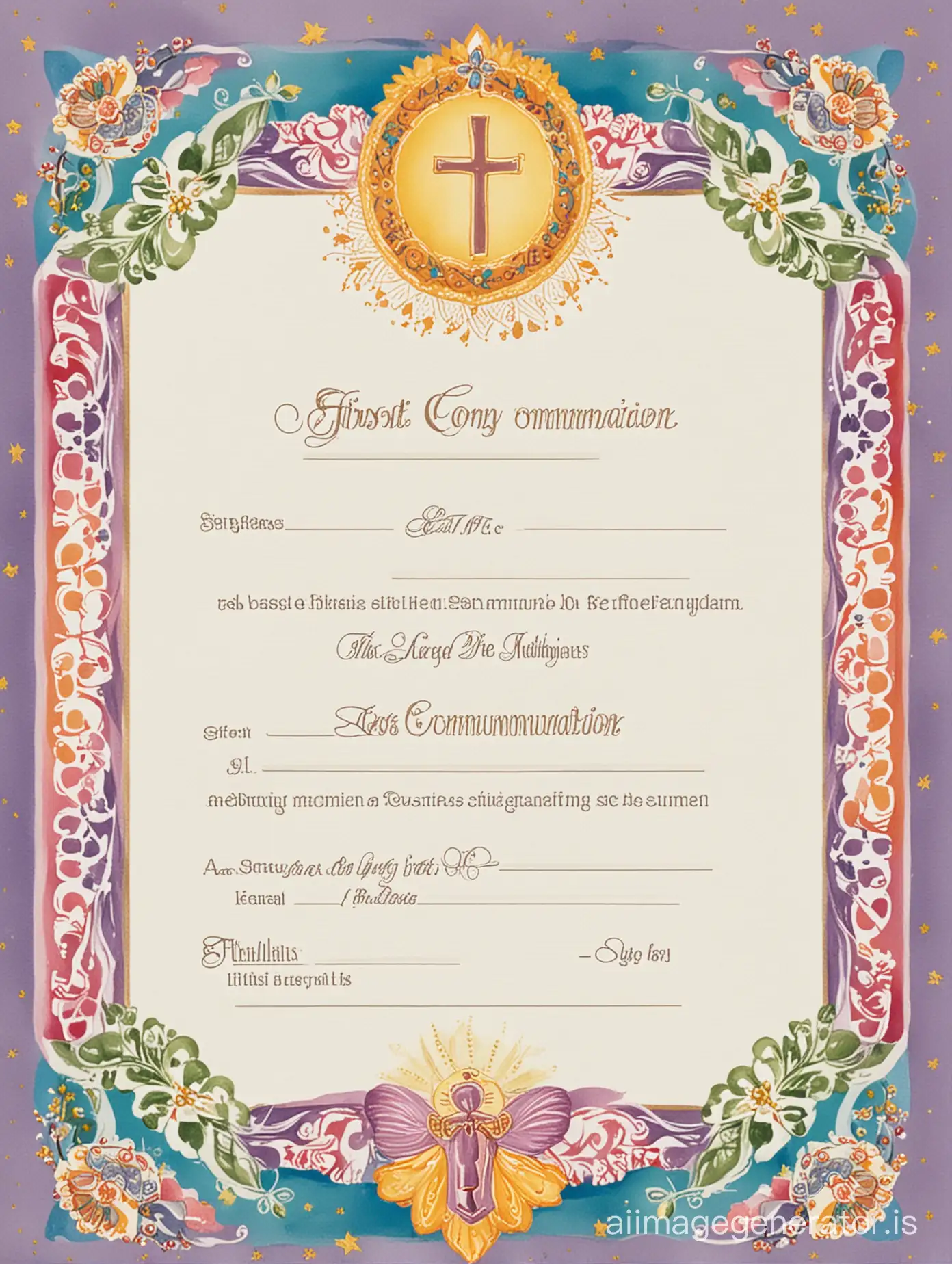 FIRST COMMUNION CERTIFICATE WITH COLORFUL BORDER