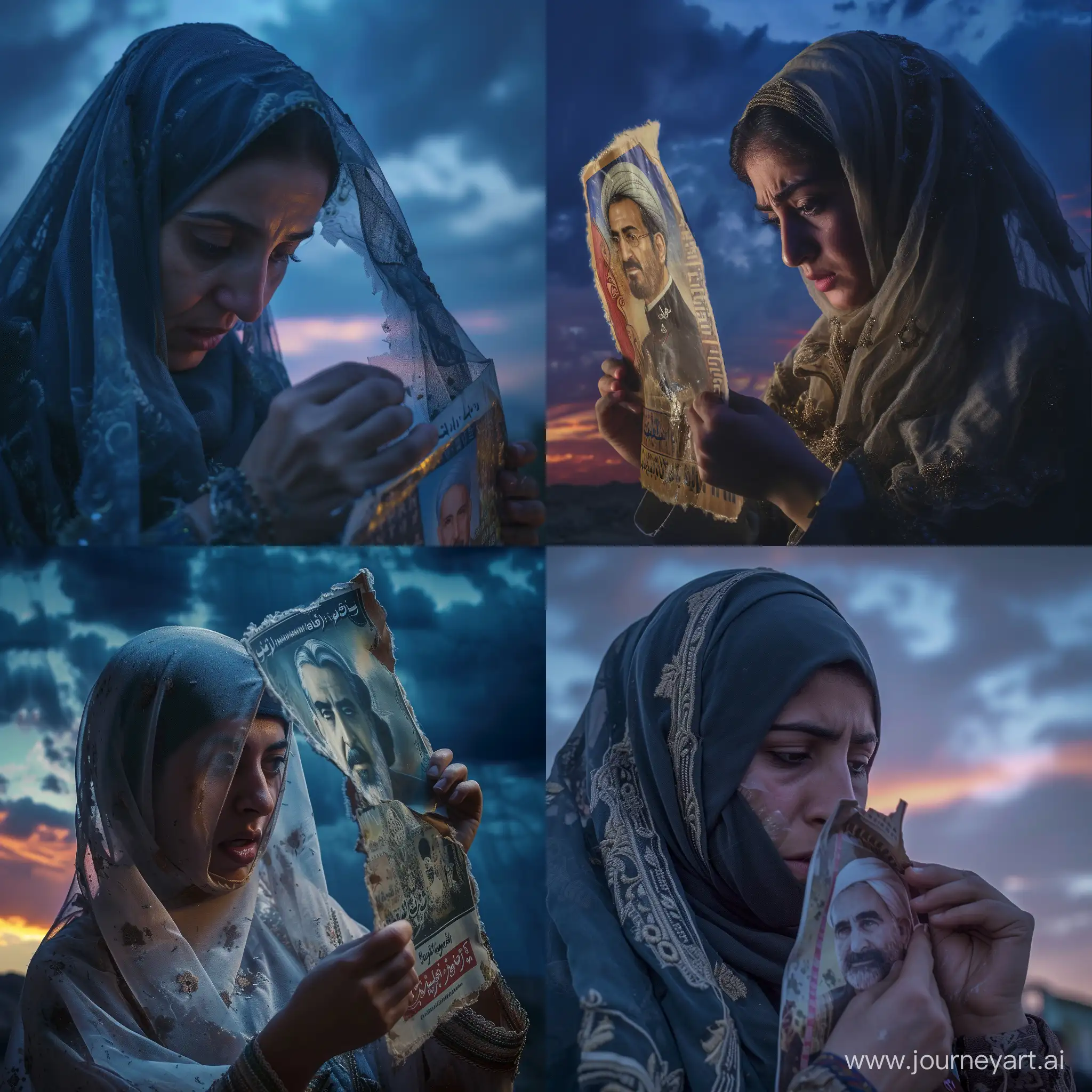 A striking image of a veiled woman, her expression a mix of determination and defiance, as she tears a poster of the last Shah of Pahlavi. The scene unfolds under the vibrant sky of dusk, casting a dramatic light on the action and highlighting the contrast between the old and the new, the past and the present. The woman's traditional attire symbolizes cultural identity and change, while the act of tearing the poster signifies a rejection of the past and a move towards a new future. The background is intentionally blurred, focusing all attention on the woman and the poster, making the moment not just historical but deeply personal.