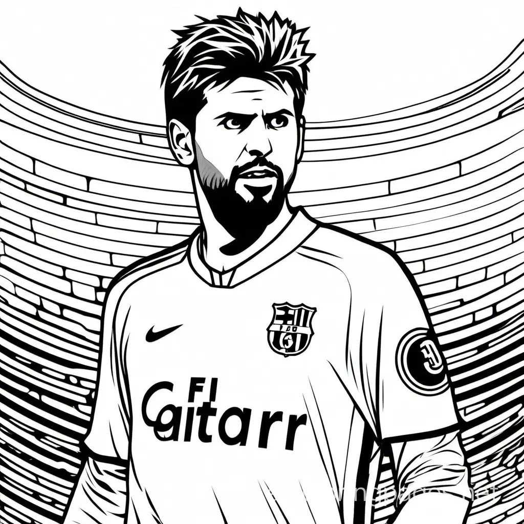 Pique, Barcelona football, coloring page, black and white color, Coloring Page, black and white, line art, white background, Simplicity, Ample White Space. The background of the coloring page is plain white to make it easy for young children to color within the lines. The outlines of all the subjects are easy to distinguish, making it simple for kids to color without too much difficulty