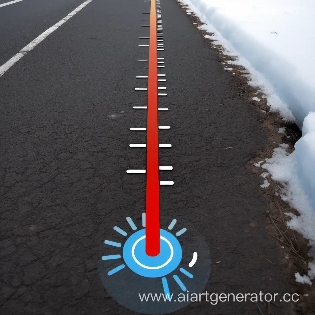 the temperature of the road surface is cold, hot and hot. One side of the pavement is cold, frozen, and the other side is hot, boiling, and temperature indicators. pavement temperature, one side of the pavement is cold, hence cold temperature readings, the other side of the pavement is hot, boiling, and therefore heat temperature readings. in this path example. One side of the pavement is hot, boiling and its red temperature indicator. The other side of the pavement is cold, frozen, and its negative temperature indicator is blue. the type of pavement should be in the form of asphalt concrete. Display the temperature indicator in a separate upper corner using numbers and in an infographic. Let the photo be realistic, simple, simple, understandable.