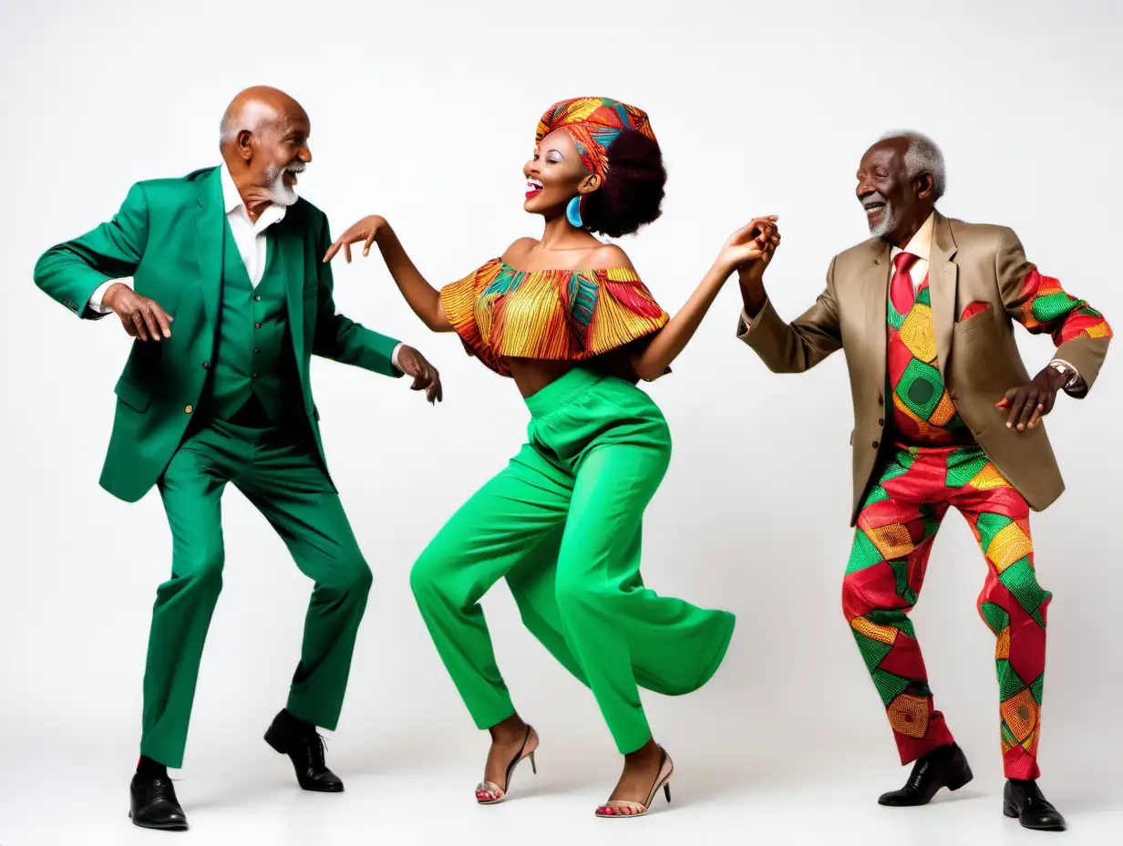 Young Beautiful African lady in green outfit dancing with 3 older gentlemen in colourful outfits against a white background