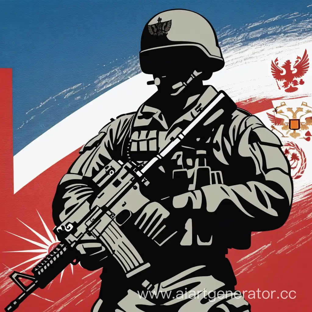 Шаблон формата А4, На верхнем крае развивается государственный флаг Российской Федерации, на переднем плане силуэт военнослужащего вооружённых сил Российской Федерации с оружия, на фоне российская военная техника.