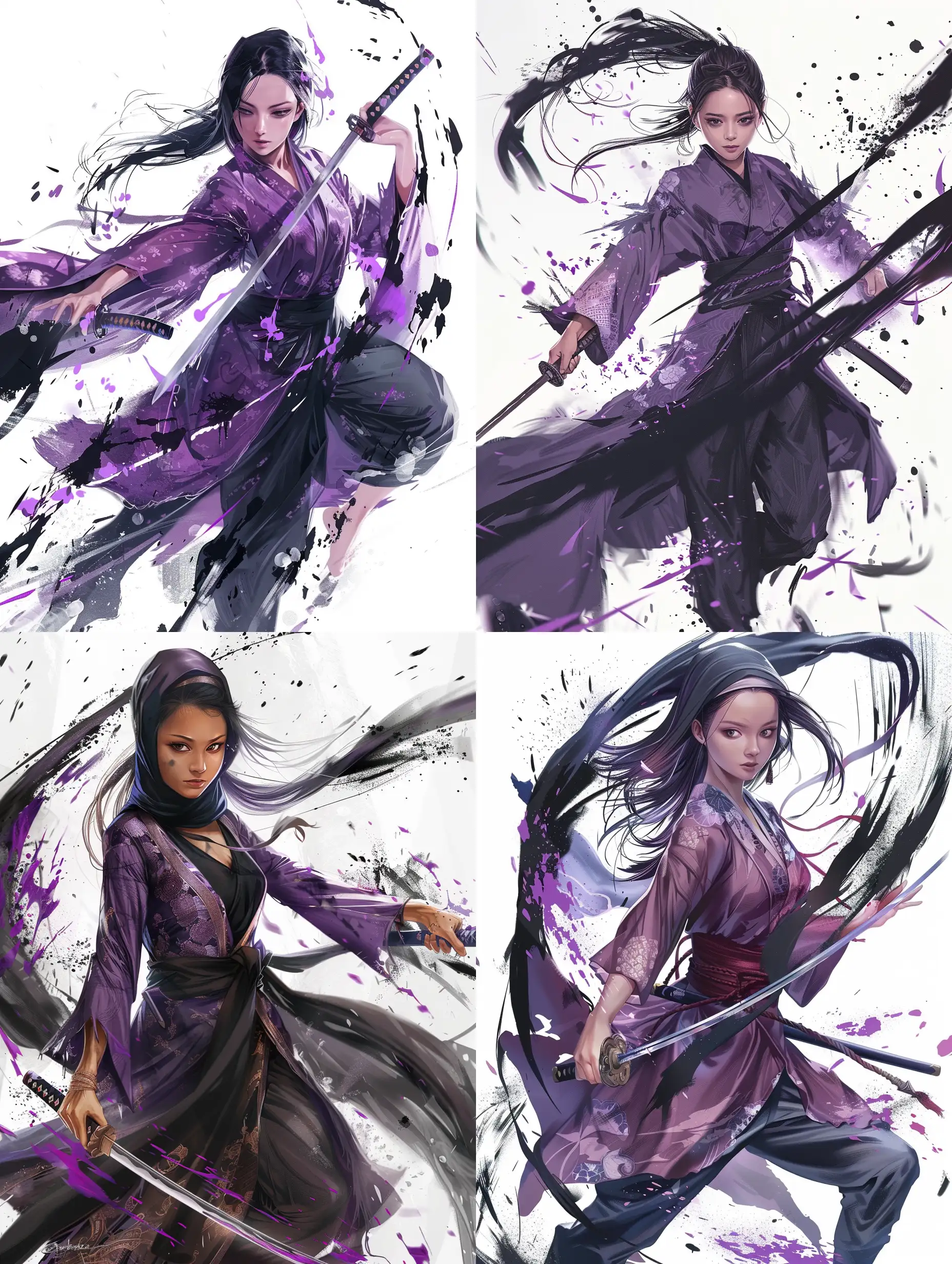 long black tudung beautiful girl wears a fit clothes with a purple kimono, katana in her hand, purple and black energy floats around her, dynamic pose, fight pose, manga style art