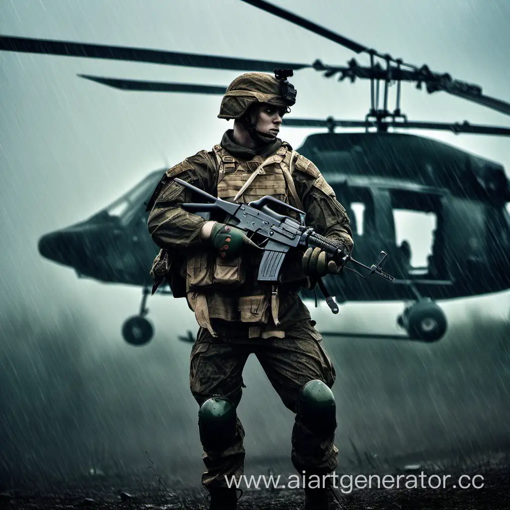 a soldier in armor with an ak47 next to a helicopter the weather is rainy and foggy