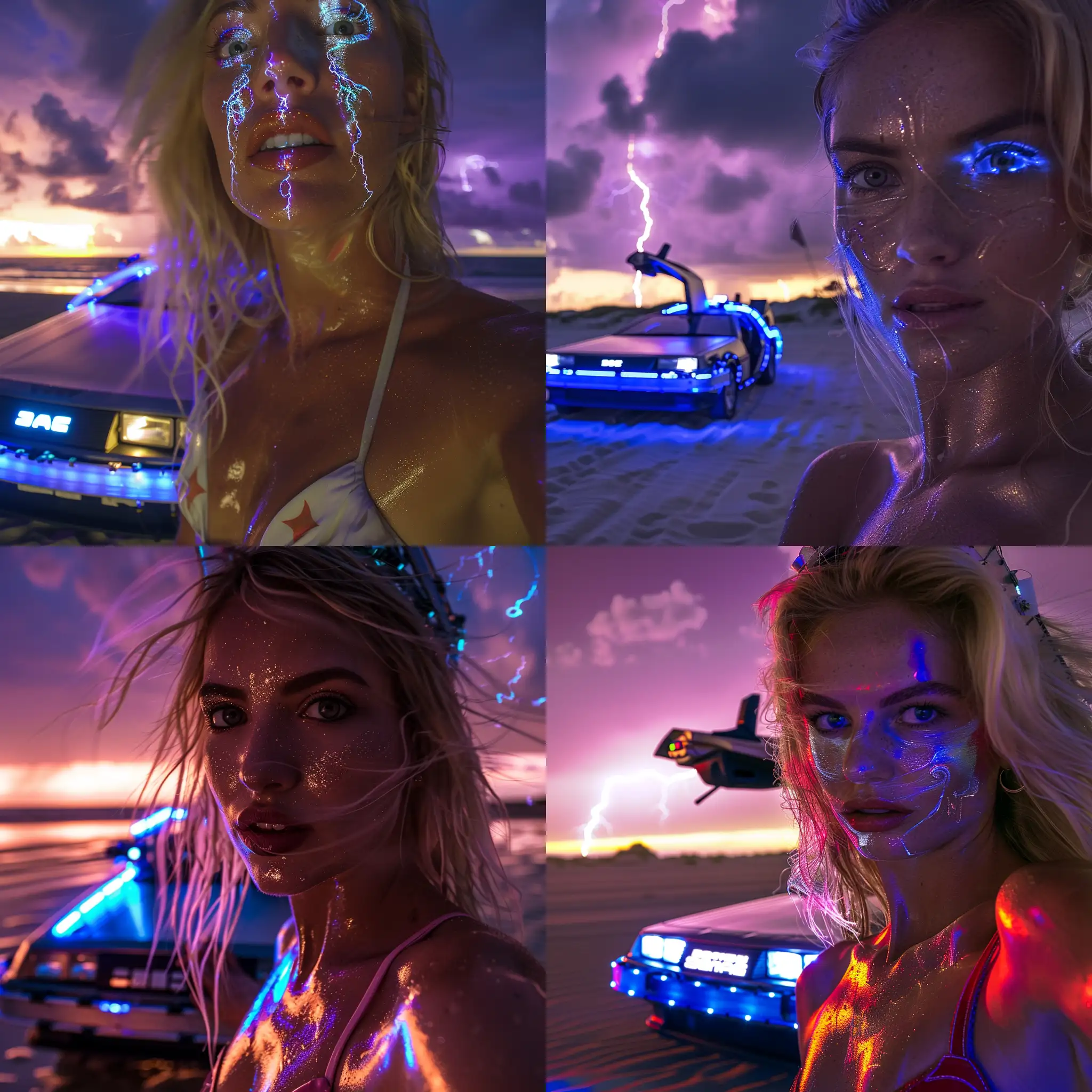 Blonde in swimsuit in foreground close to camera with face lit by spotlight, with Back to the future delorean in background on Beach at sunset. Lit up, scifi, futuristic, vivid blue lightning, purple sky, smoky, fire trails, artistic, bright, masterpiece, stunning,