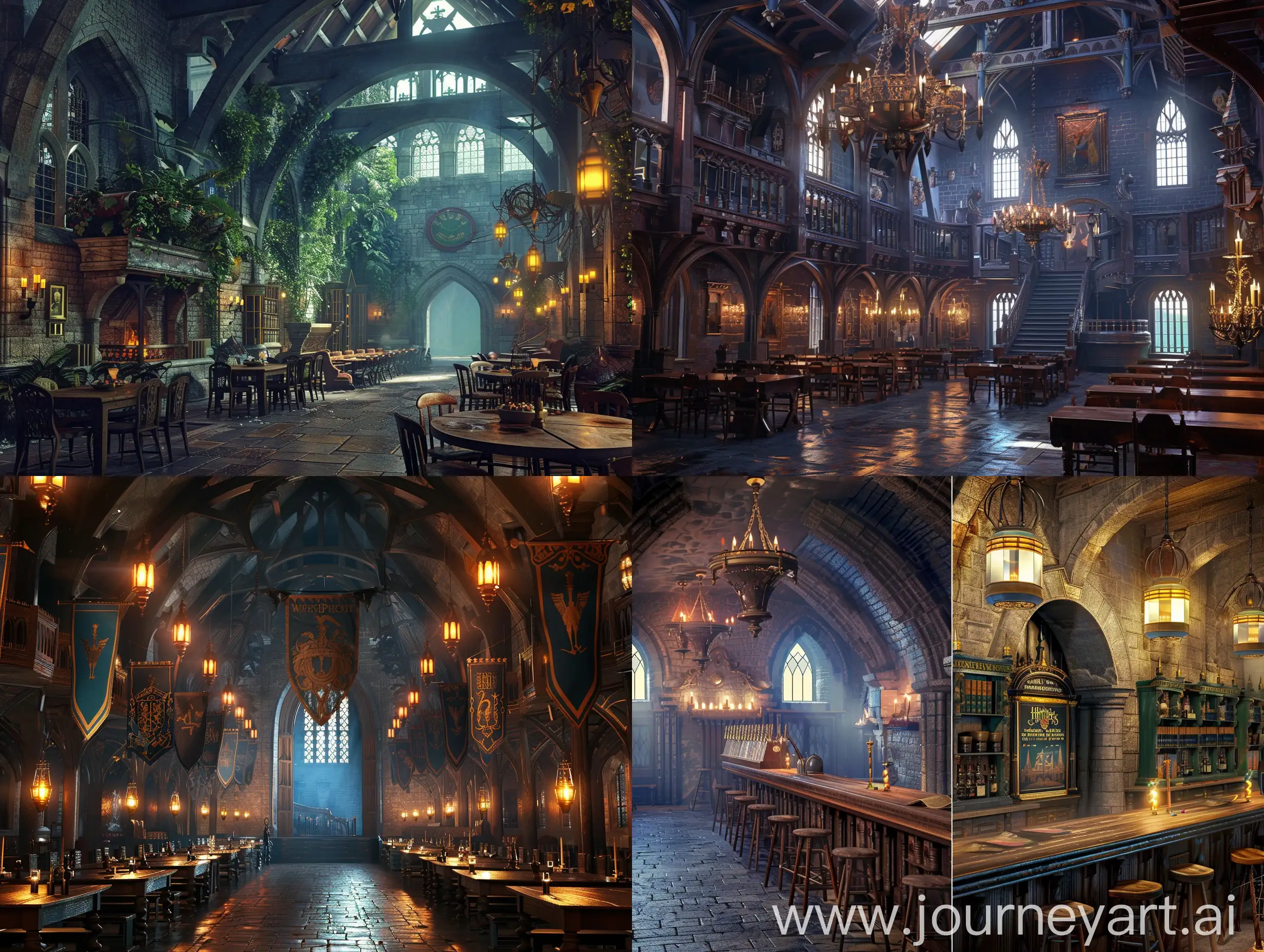 An image of the Hogwarts wizarding club from the Harry Potter movies, realistic, cinematic lighting, q2