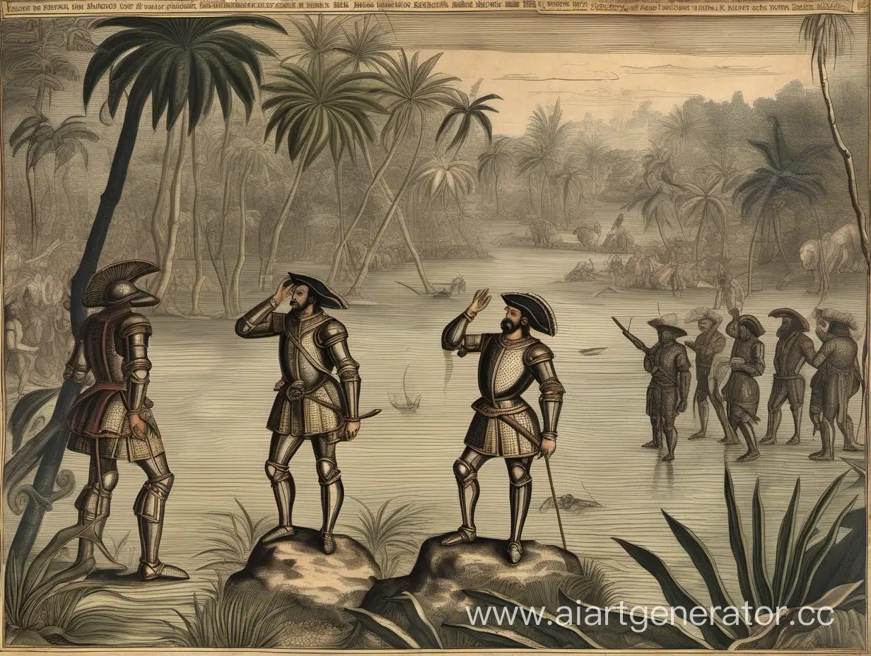 Конкистадор смотрит на карту и чешет свой затылок, стоя в воде посреди джунглей в окружении других конкистадоров. Стиль-  картины 16 века