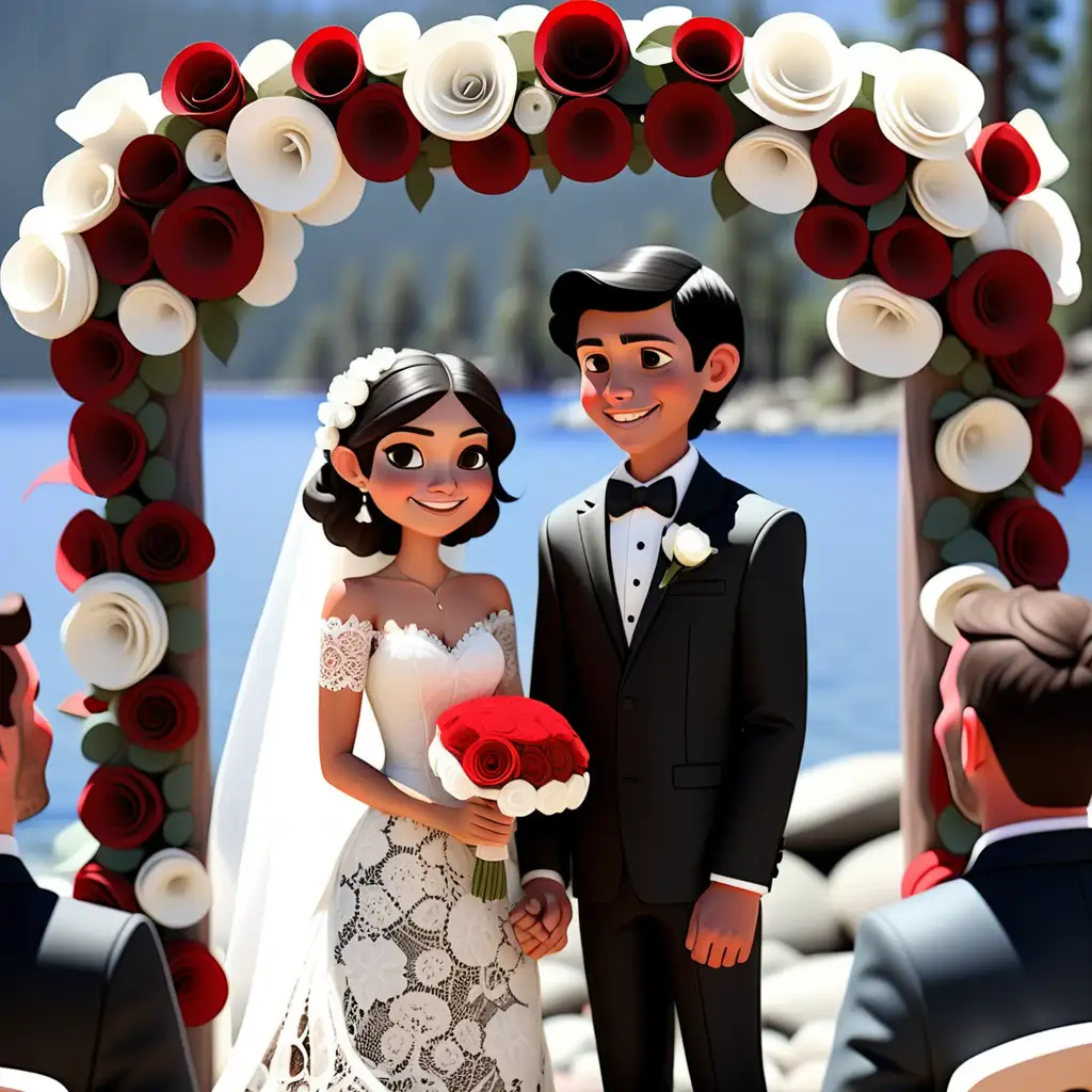 Enchanting storybook characters in love happy
Lake Tahoe wedding ceremony with white flower arch
Mexican boy short black hair in black suit.
girl with short brown wavy hair in lace floral wedding dress with red and white roses