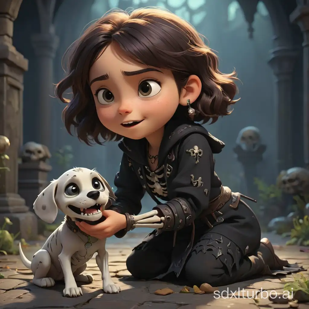 9yo girl necromancer playing with skeleton puppy, pixar style