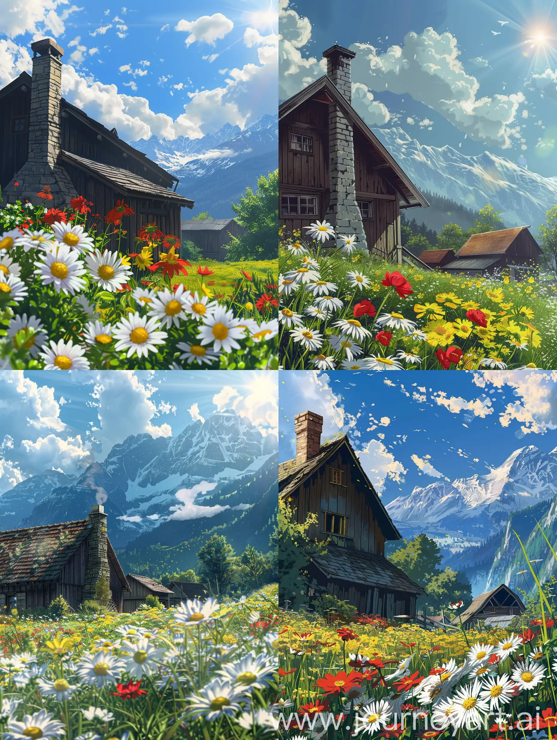 Beautiful anime scenary,mokoto shinkai style, Switzerland charming cottage, chimney, spring upcomming, beautiful white , yellow, red flowers , morning look, barn beside cottage, mountain background, sun showing, clouds, breeze, illustration, close up view, ultra HD, high quality, sharp details, no hyperrealistic,summers.