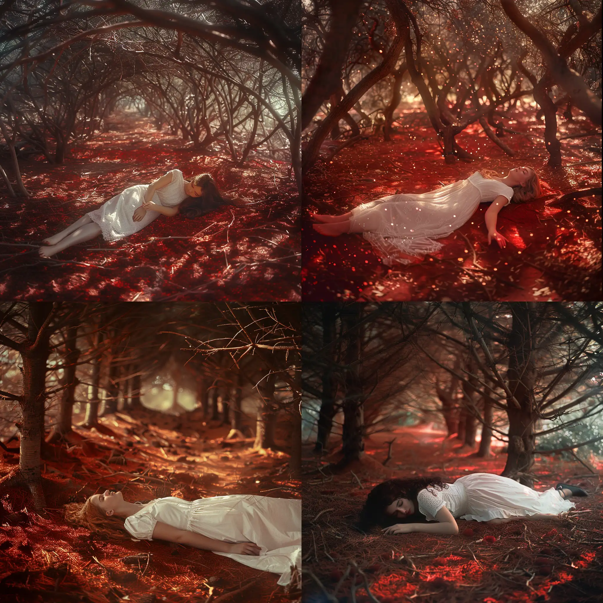 Девушка в простом белом платье лежит под кронами деревьев на голой земле, земля красного цвета, лес, стилистика иллюстраций Алана Ли, 8k, плёночная фотография, ультодетализация, рассеяние света, резкий фокус, высокая детализация 