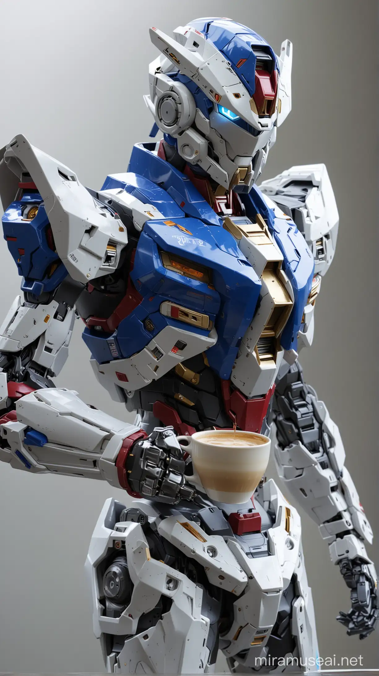 2024 Futuristic Gundam Exia with Coffee in a Stylish Urban Environment