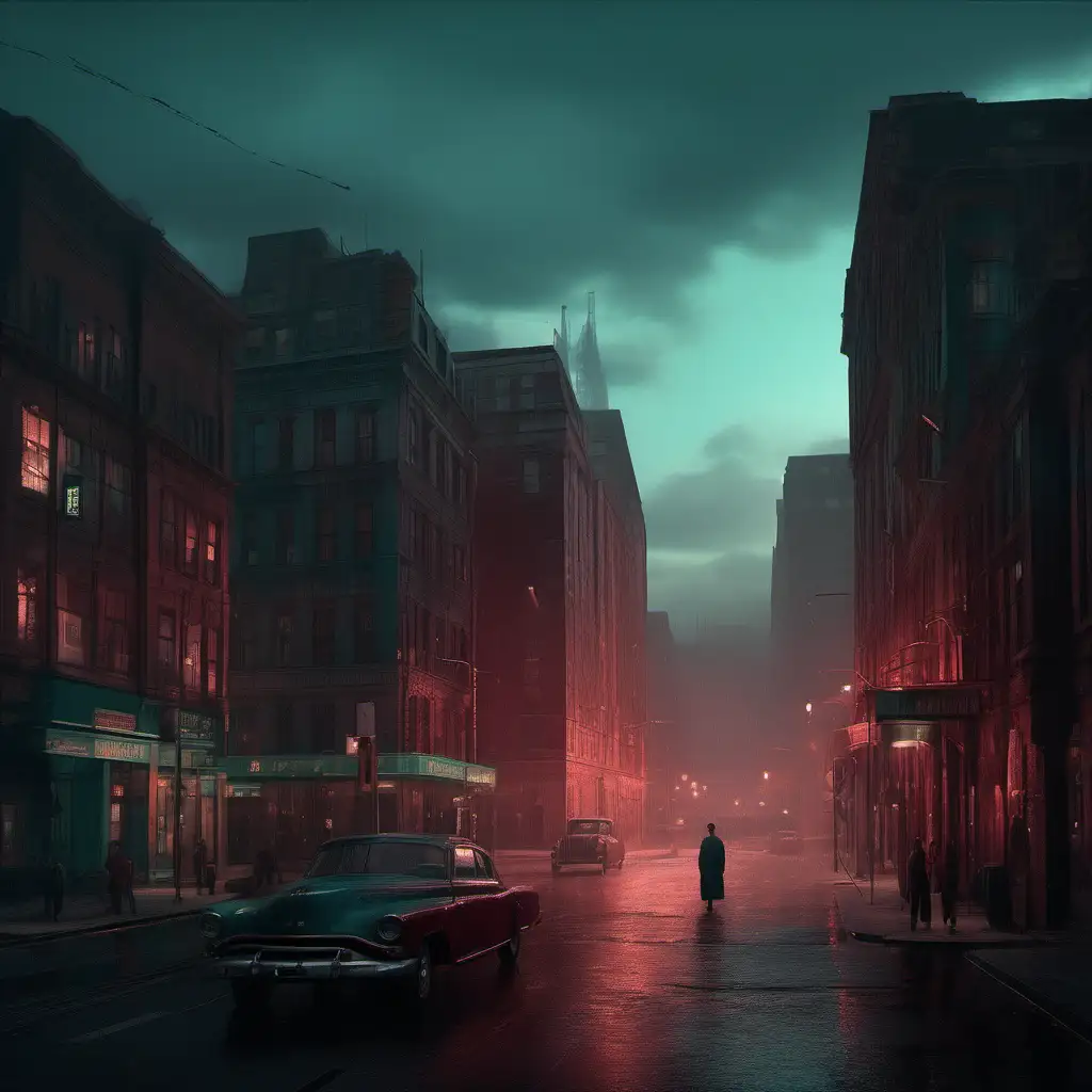 Cityscape in the style of atmospheric and moody lighting, movie still, realist detail, light maroon and dark aquamarine, intense gaze, ue5, post-war 