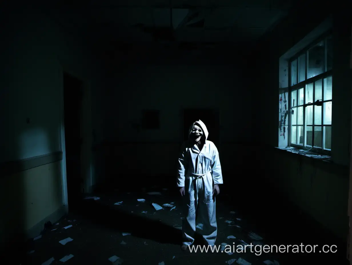 Eerie-Scene-in-Abandoned-Psychiatric-Hospital-Terrifying-Smiling-Patient-in-Straitjacket