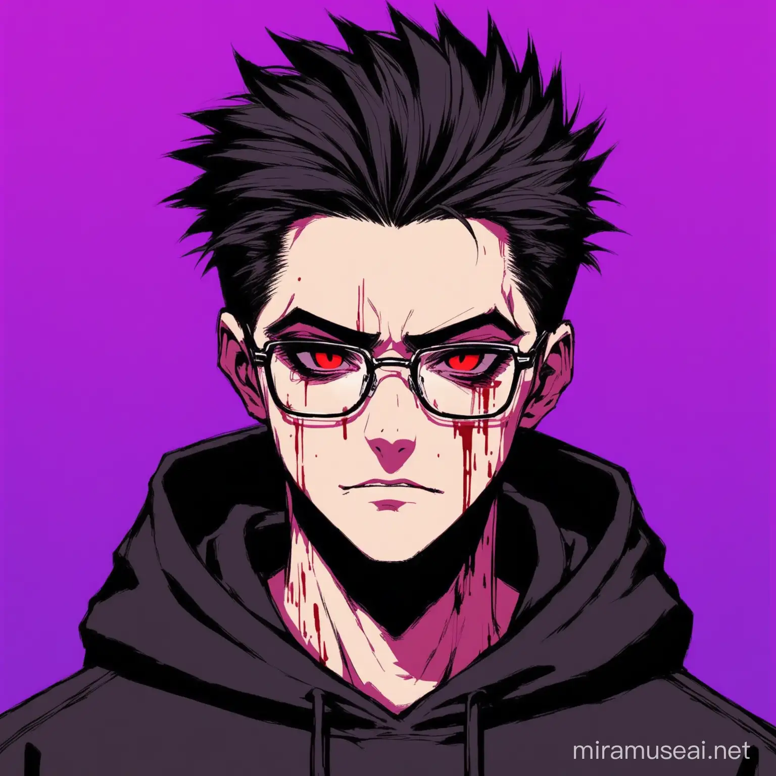cool,hacker,black hoodie,glasses,quiff hairs,aesthetic,handome,aesthetic,psycho,oblong face,purple background with blood effect,anchor beared,black hairs,red eyes