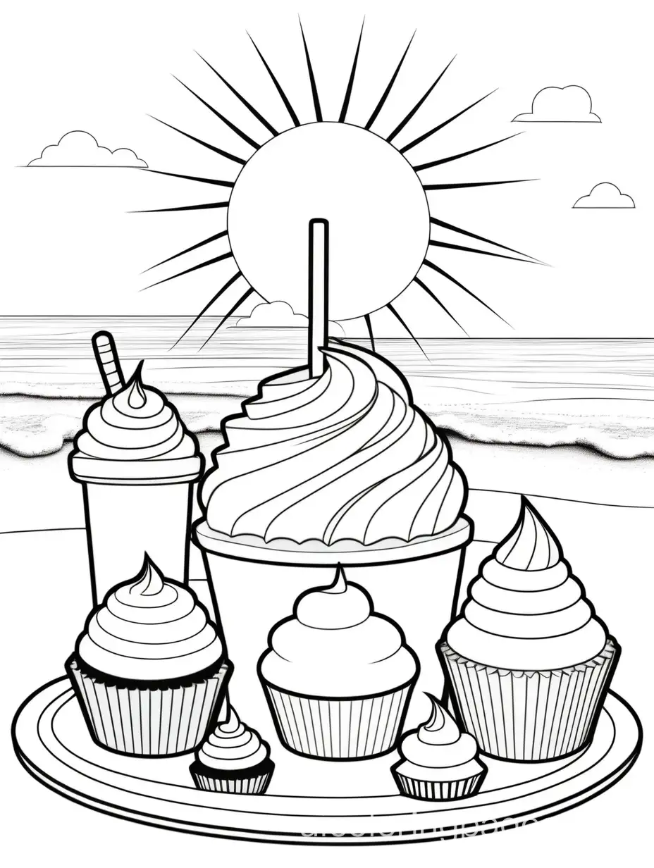 cakes cupcakes lollies coffee at the beach large sun

, Coloring Page, black and white, line art, white background, Simplicity, Ample White Space. The background of the coloring page is plain white to make it easy for young children to color within the lines. The outlines of all the subjects are easy to distinguish, making it simple for kids to color without too much difficulty