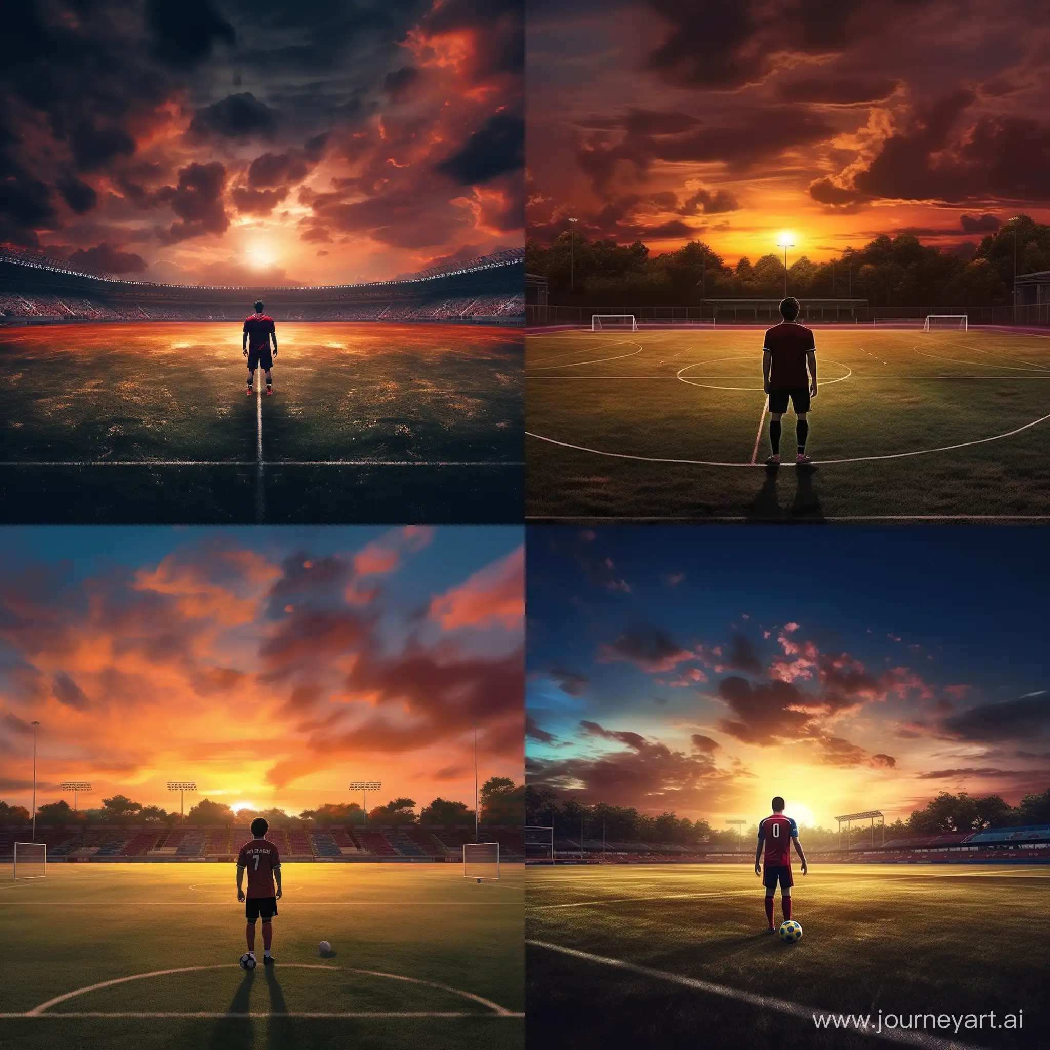 Soccer Player alone on beautiful soccer pitch during sunset,hyper photorealistic
