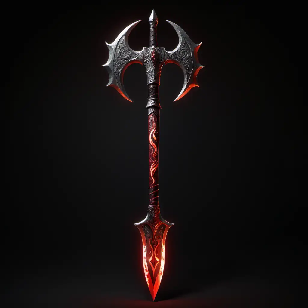 A luminous, two-handed double sided polearm.  It has an axe at one end and a straight blade at the other.  It is carmine-colored with crimson flames running its length.  A volcano outlined in silver and a silver sun sit near the axe