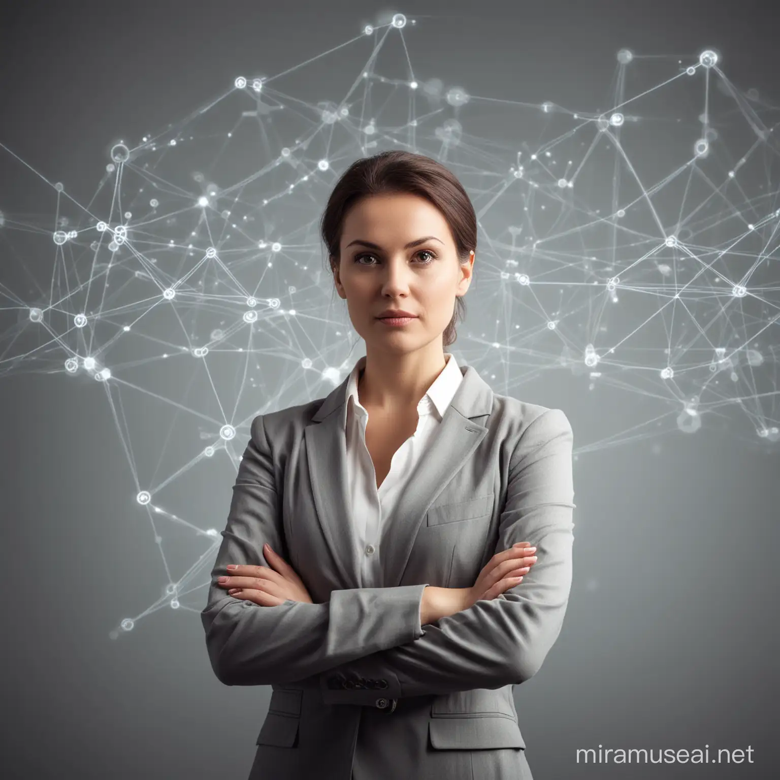 Professionally Dressed Female Board Leader with Visual Network Analysis