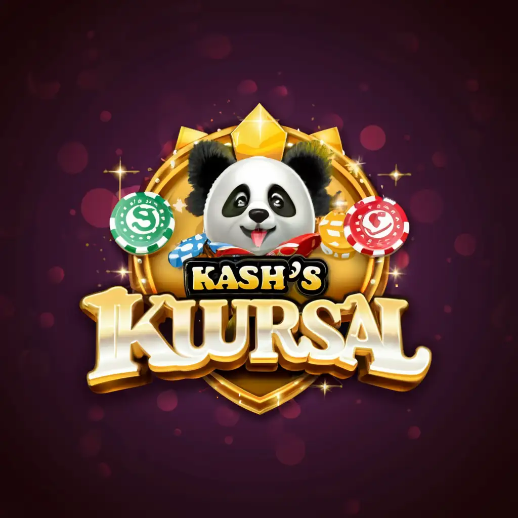 a logo design,with the text "Kash's Kuursal", main symbol:casino slots, cards, chips, cash, smiling pandas,Moderate,clear background