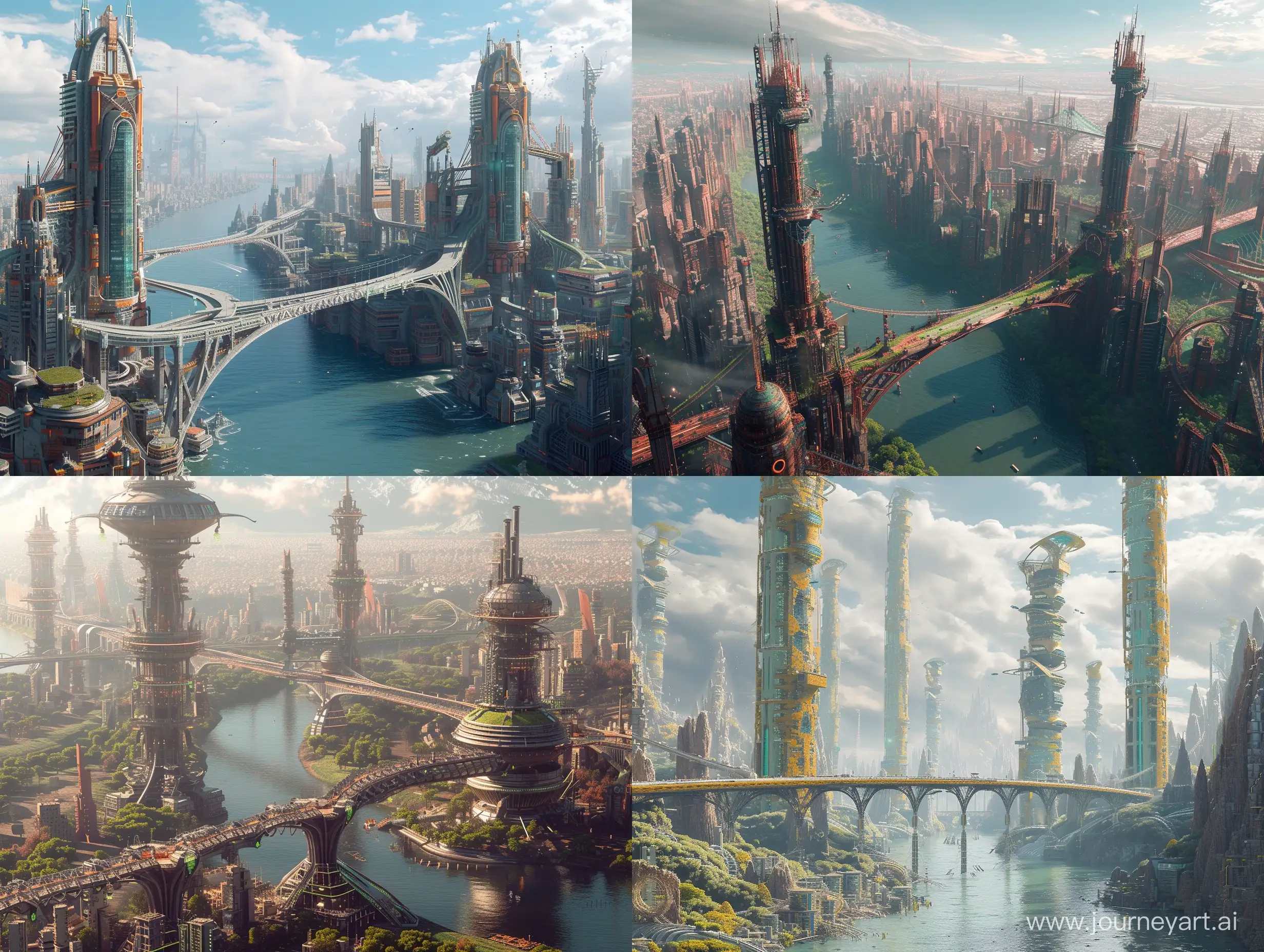 Utopia city, based on quantum mechanics, cinematic, 8k, hd, beautiful high details, bridges, river, quantum mechanical towers and powerful technology, fantasy, love and passion
