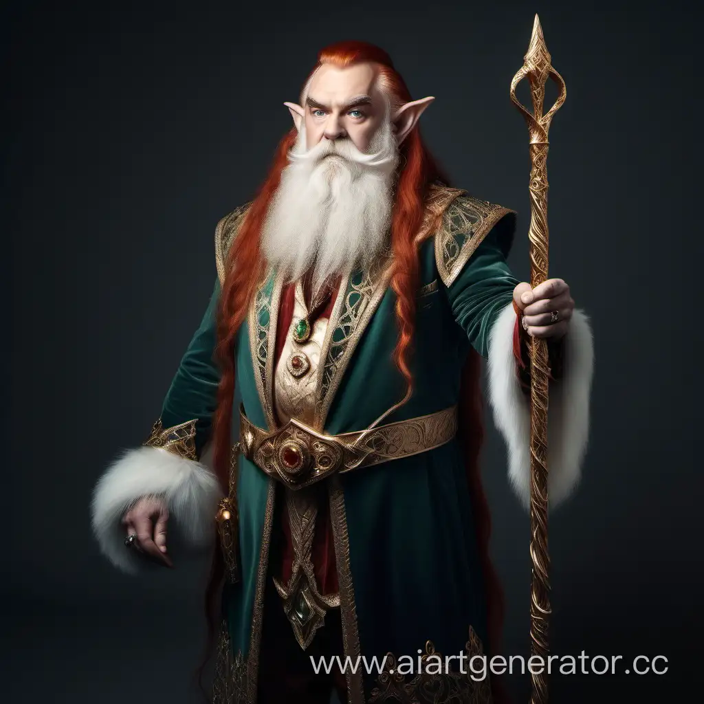 A dwarf man with long elven ears, a very long  white beard reaching to the waist and long red hair,  dressed in rich and expensive clothes, decorated with gold and precious stones, with a cane