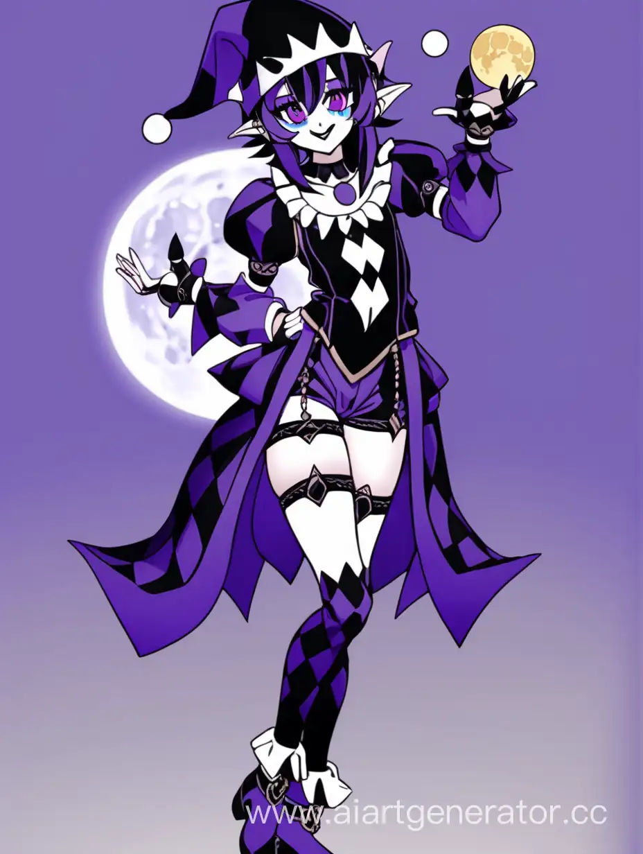 cute femboy jester full body moon jester thighs highs court jester cloths purple and black colors