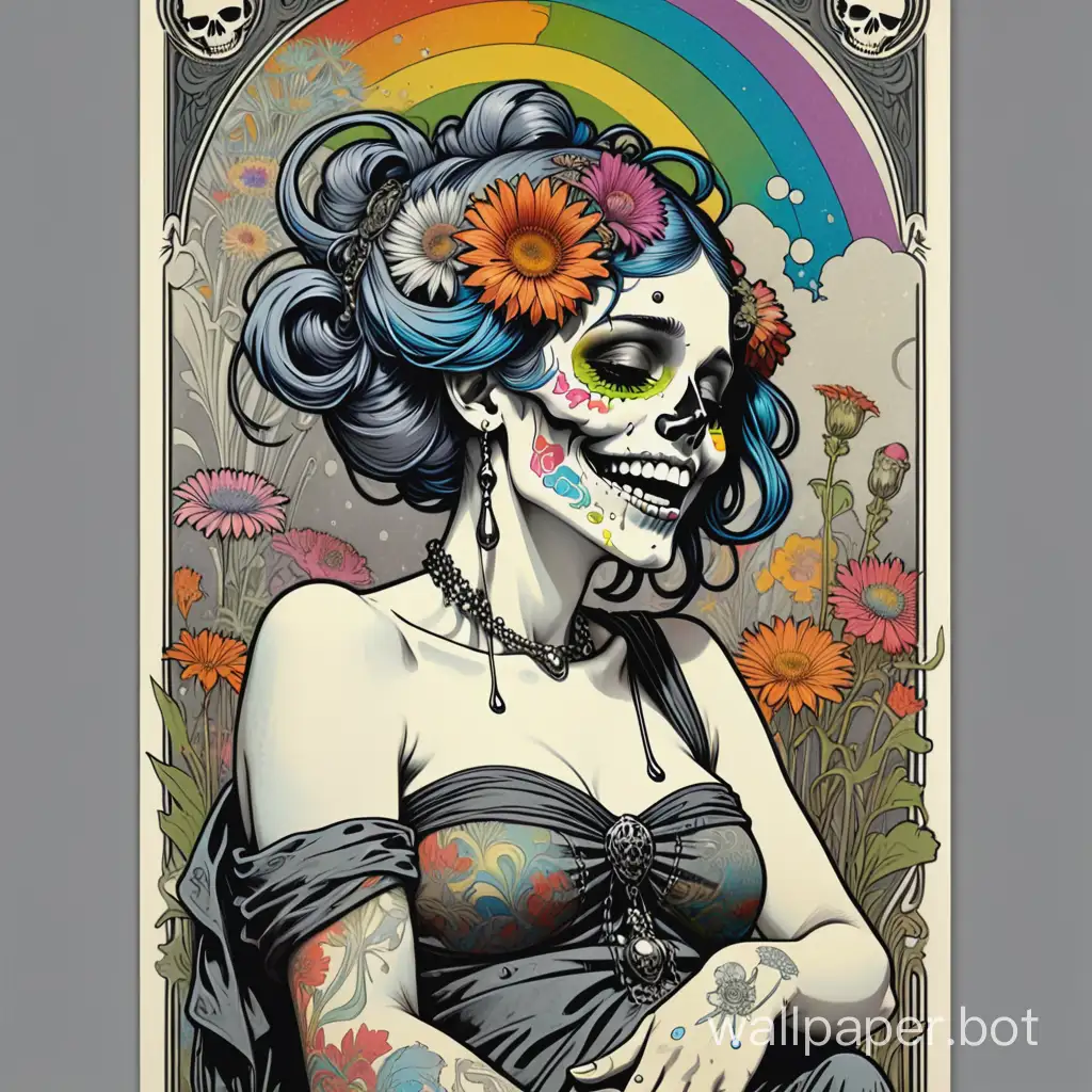 punk Odalisque, gorgeous laugh, skull face, assimetrical, alphonse mucha poster, highcontrast wildflowers dripping paint,william morris background, high textured paper, hiperdetailed lineart , black,gray, explosive rainbow, sticker art