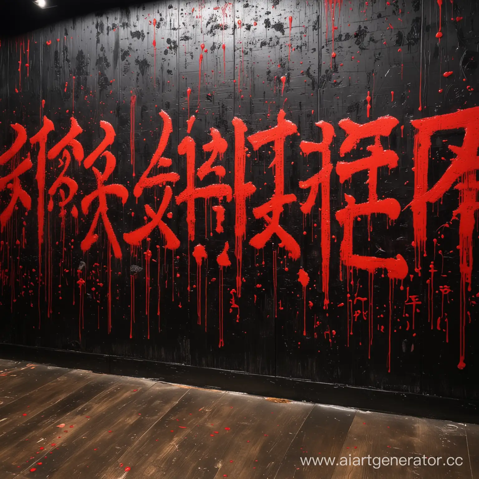 чёрная стена на ней много крови . На всю стены красные японские слова жирным шрифтом