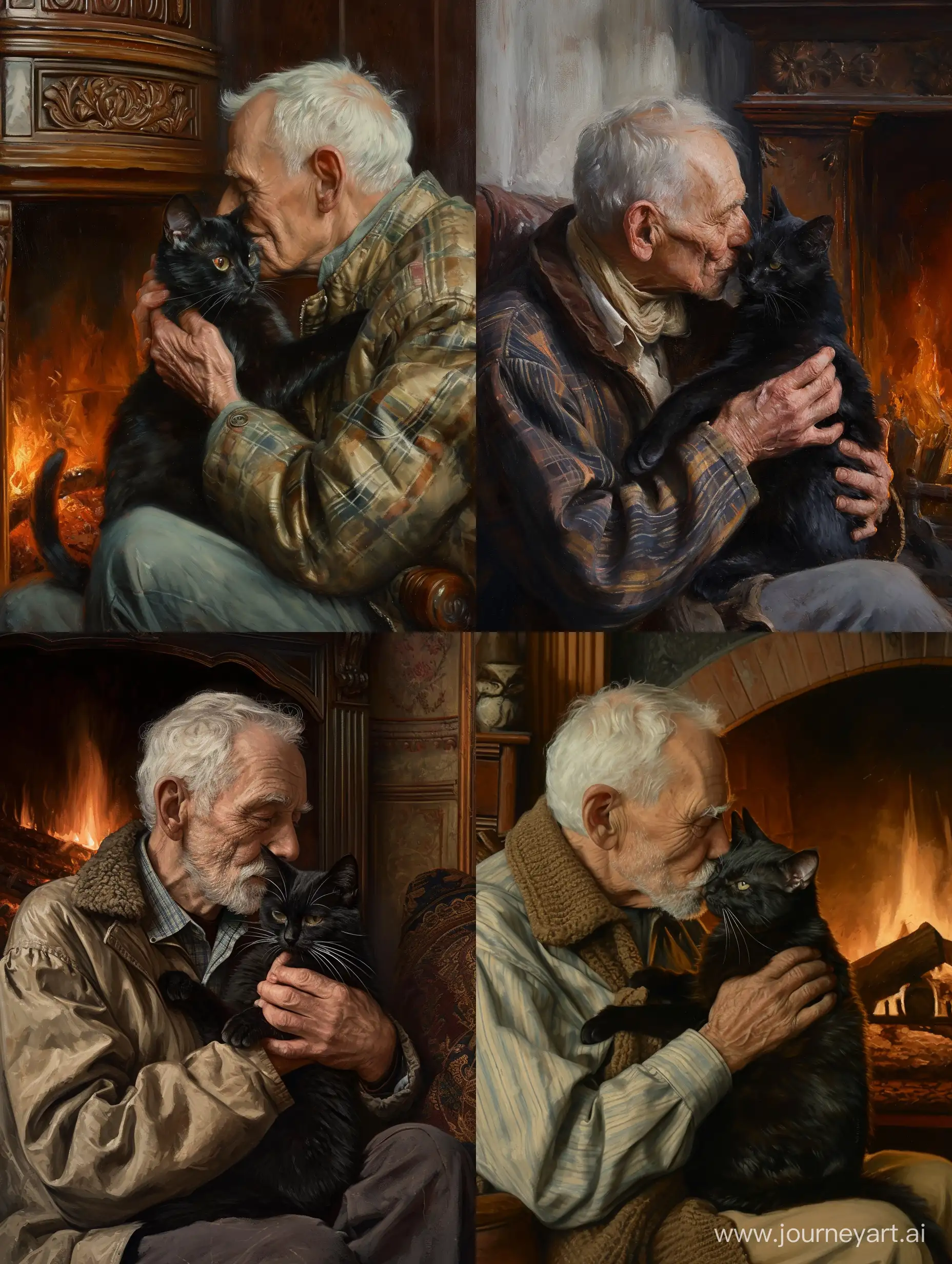 Old man kissing a black cat while holding it, sitting next to a fireplace, hyper-realistic, close-up, --v 6