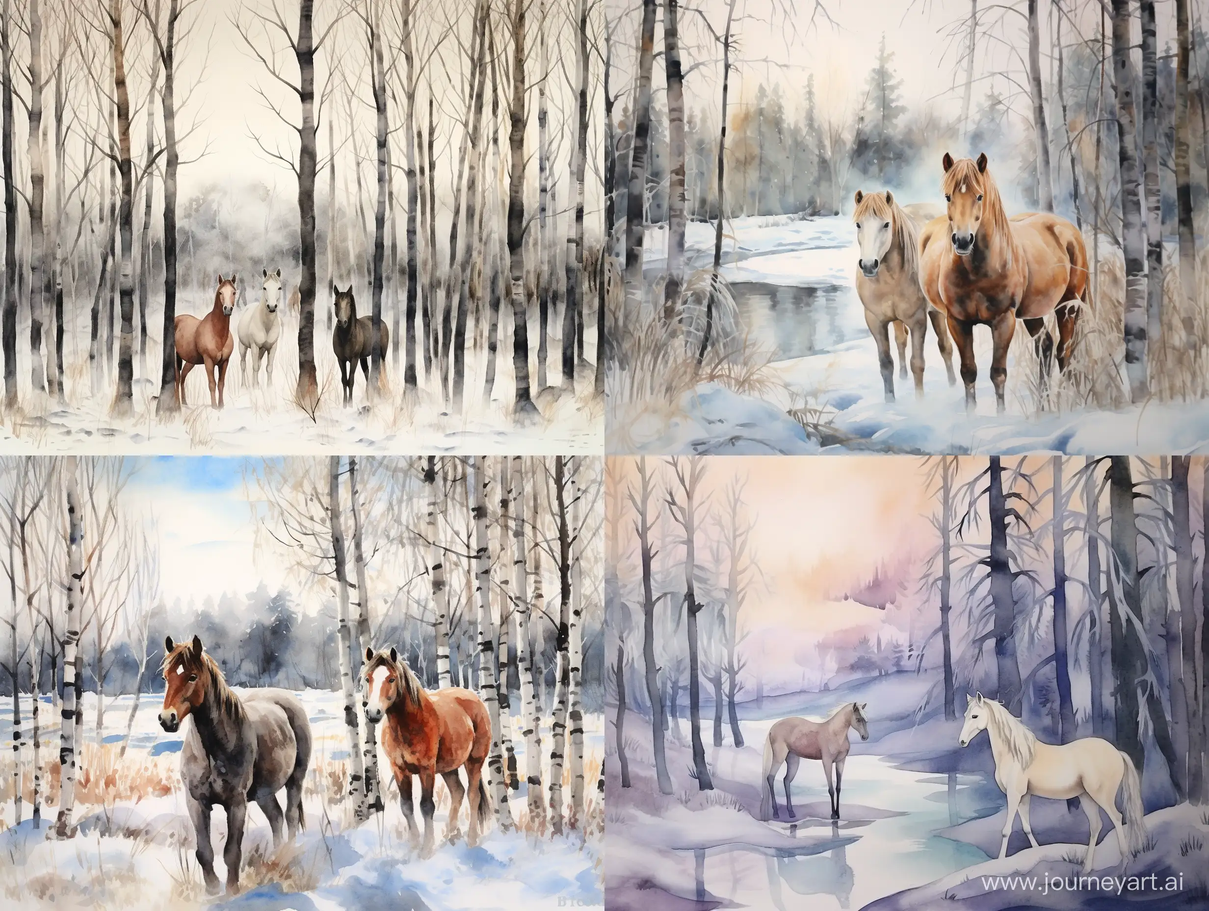 Majestic-Winter-Scene-Ponies-Amidst-Enchanting-Forest-in-Watercolor-Splendor