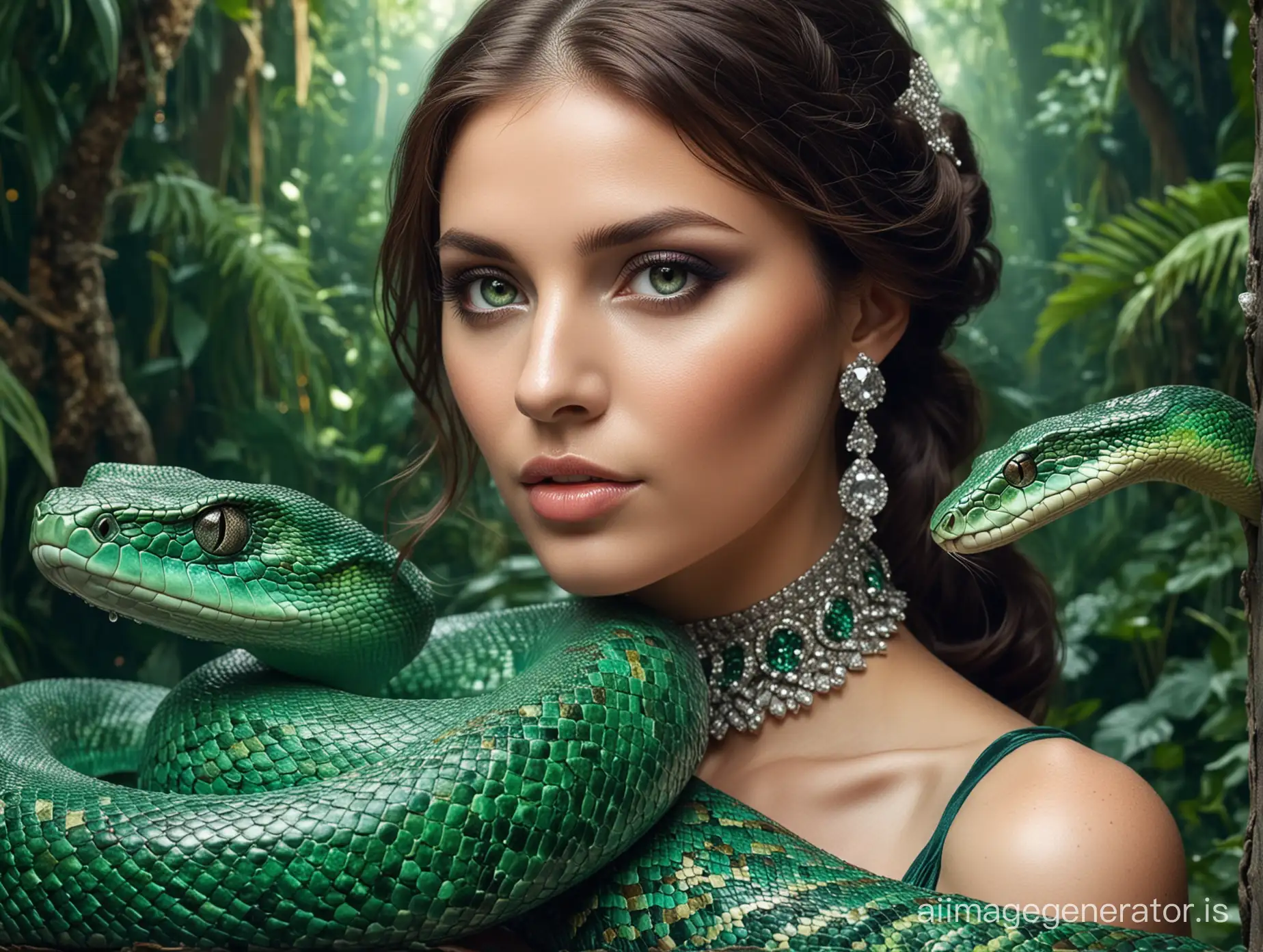 surreal photograph, a beautiful woman looks into the frame with an open face, next to a giant emerald snake, they seem very friendly, the snake has gems and diamonds and its scales glitter, everything is in a fantastic atmosphere, the woman is dressed in very modern clothes, clothes with trim from snakeskin and shiny precious stones, wears a lot of jewelry, the landscape is decorated with precious stones, sparkles and diamonds. —v 6