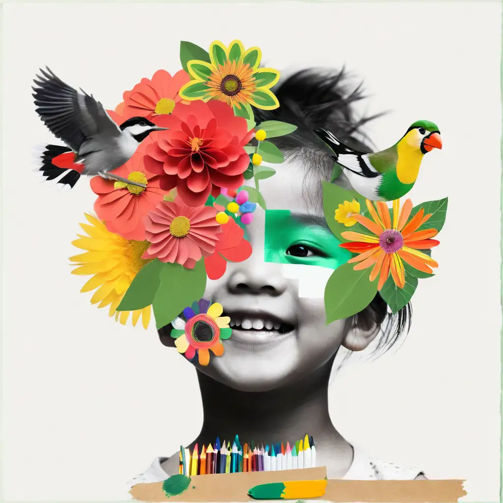 paper collage of one happy face of a little azian girl, black and white face. with colourful flowers and birds, ecological, geographic, crayons, pencils, paint. green background