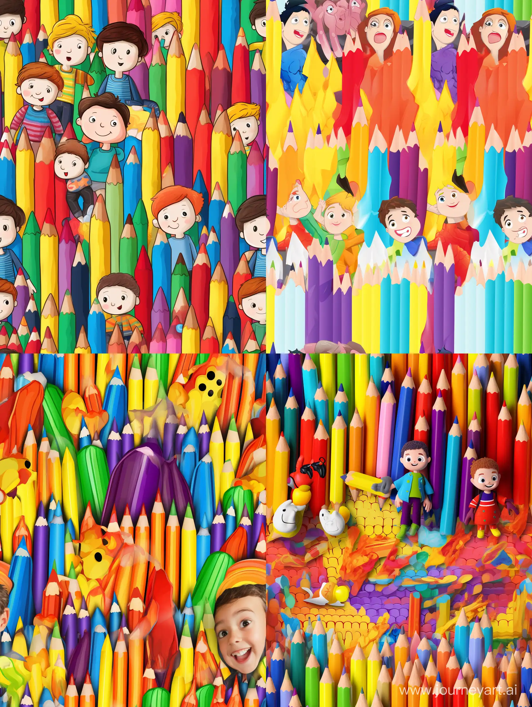 Playful-3D-Cartoon-Scene-Kids-Crafting-with-Vibrant-Crayons-in-a-Colorful-Spectrum