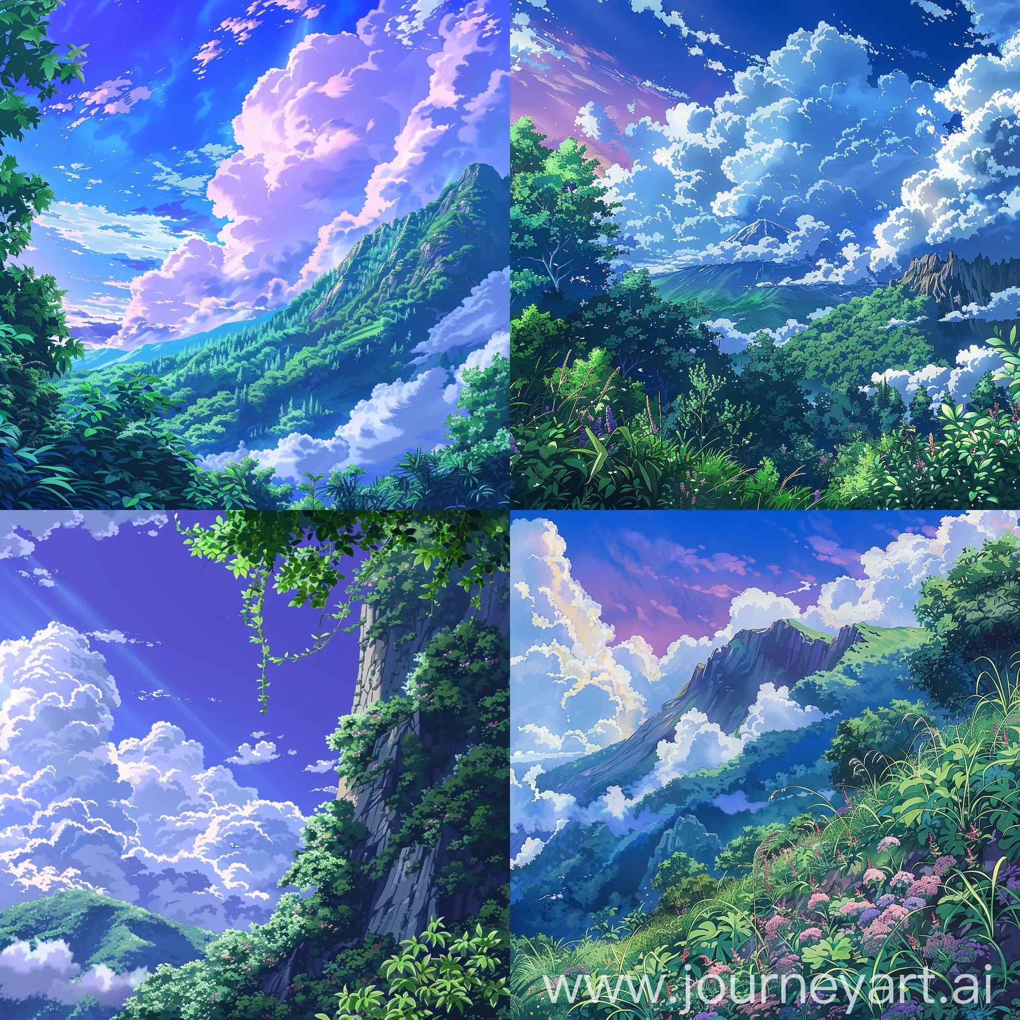 Anime scene blue violet sky mountain and clouds greenery detailed