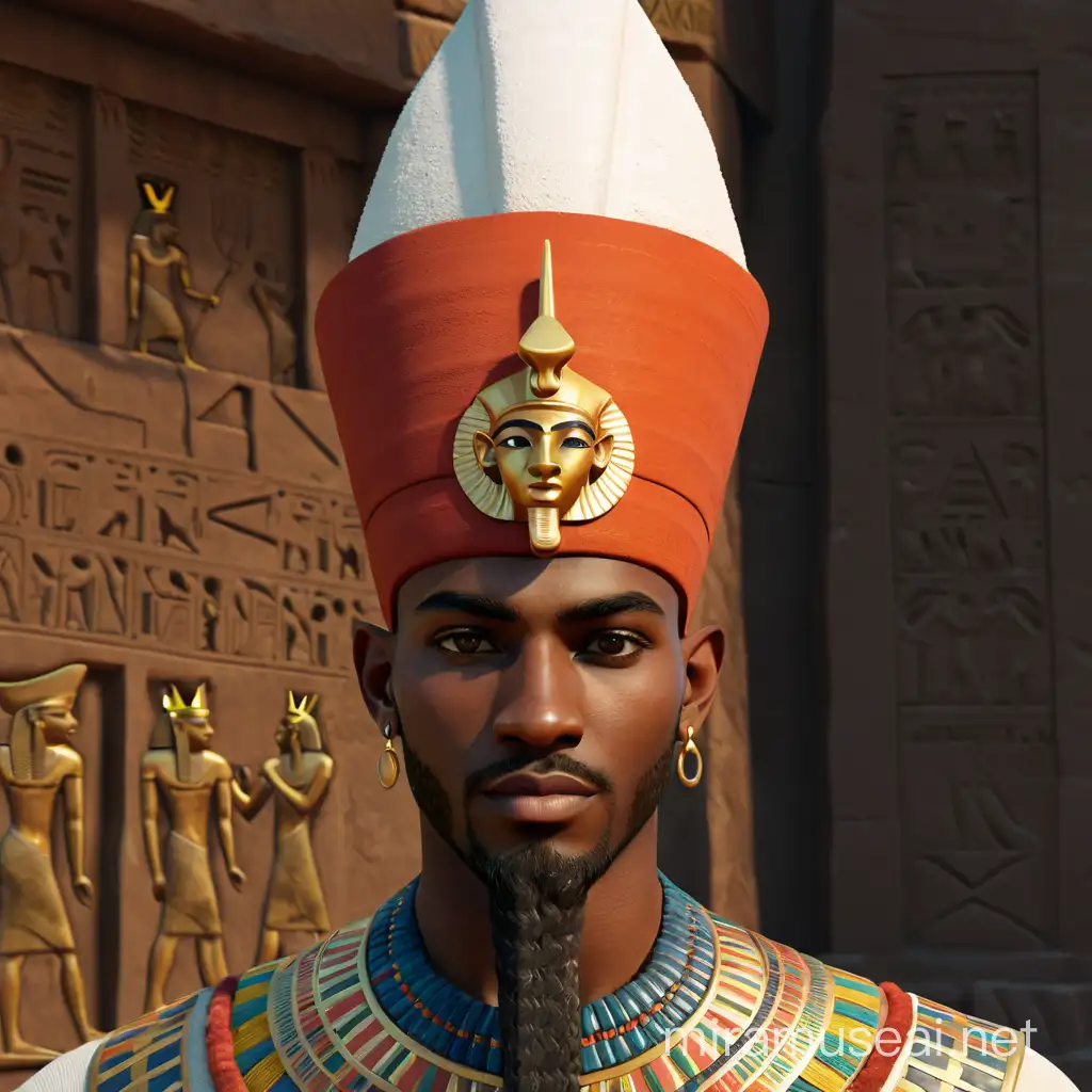 a young adult and most handsome king oswiris in ethnic costume ancient egpyt of very pretty colors.  with ancient head pharaoh. black skin color. small hair. beardless. 3d animation