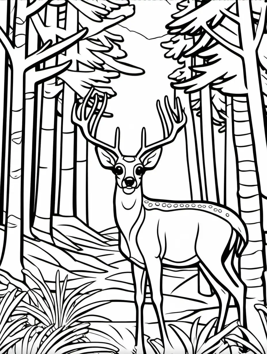 coloring pages for kids, Mule Deer in the forest, low detail, thick lines, cartoon style, no shading, aspect ratio 9:11