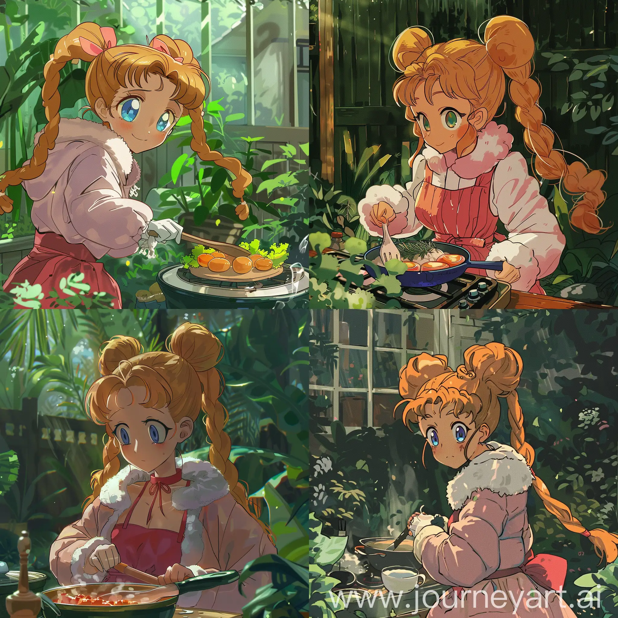 a woman wearing a red dress cooking in the garden, anime style --cref https://www.nofilleranime.com/wp-content/uploads/2021/07/Sailor-Moon-300x300.jpg?ezimgfmt=rs:300x300/rscb17/ng:webp/ngcb17 --cw 100