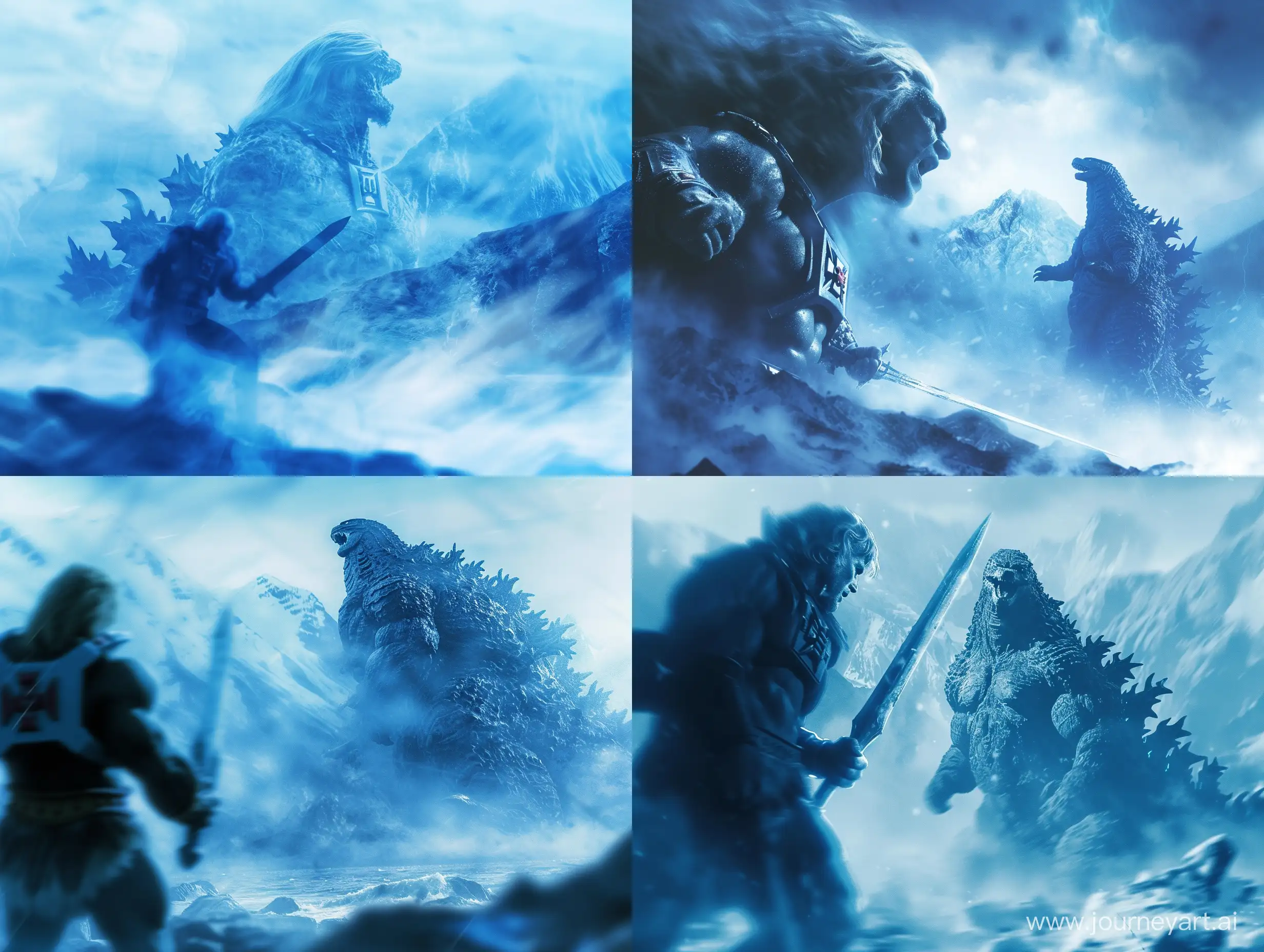 escena lejana de he-man con la cara de chuck norris  con pose agresiva sujetando una gran espada observando a lo lejos a godzilla del tamaño de una montaña en un escenario montañoso épico difuminado con tonalidades azules