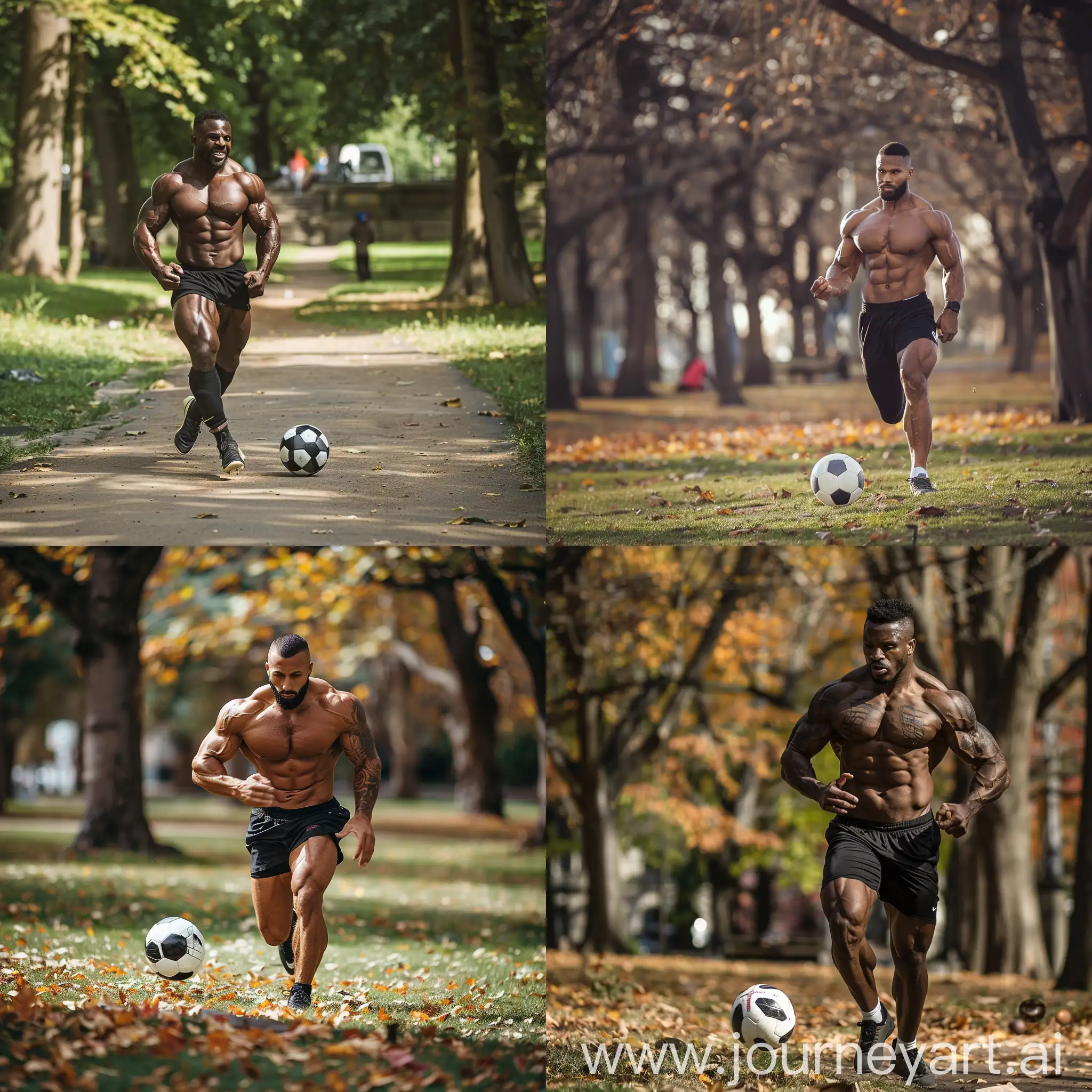3 body builder man playing football  in the park