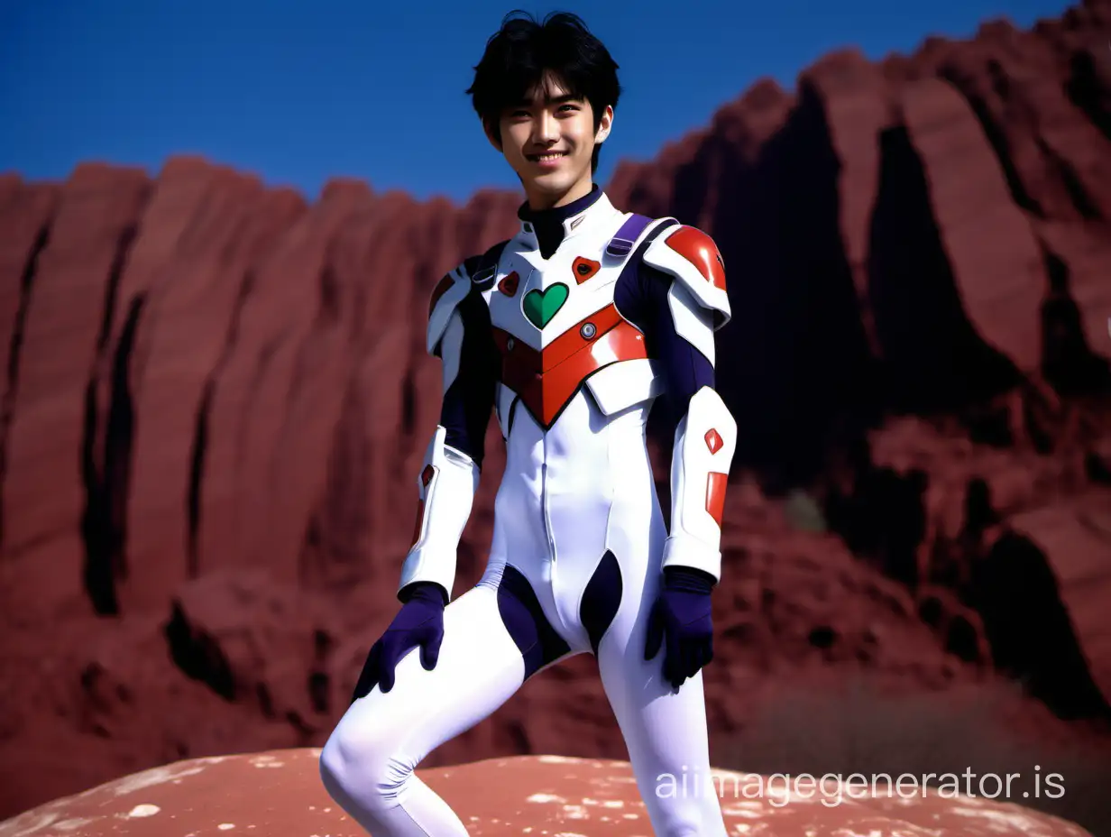 Photo of a Japanese male high school student is wearing a Evangelion pilot suit. stand on the red rock hill. white tights. black hair. heart-shaped face, smile, almond eyes.