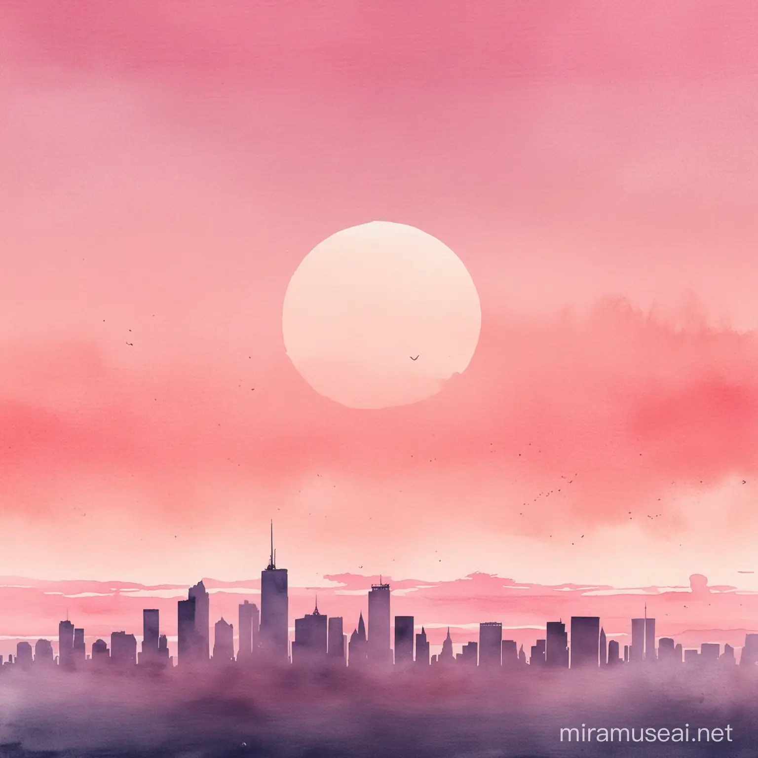 A pinkish, romantic skyline with very mild watercolor textures, and 80% whitespace.