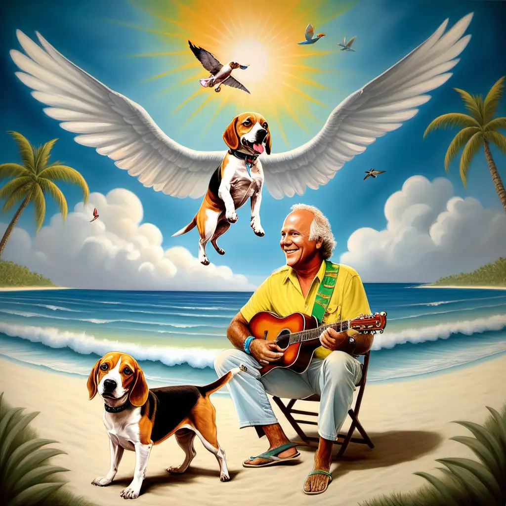  a painting of Jimmy Buffet with a beagle in heaven