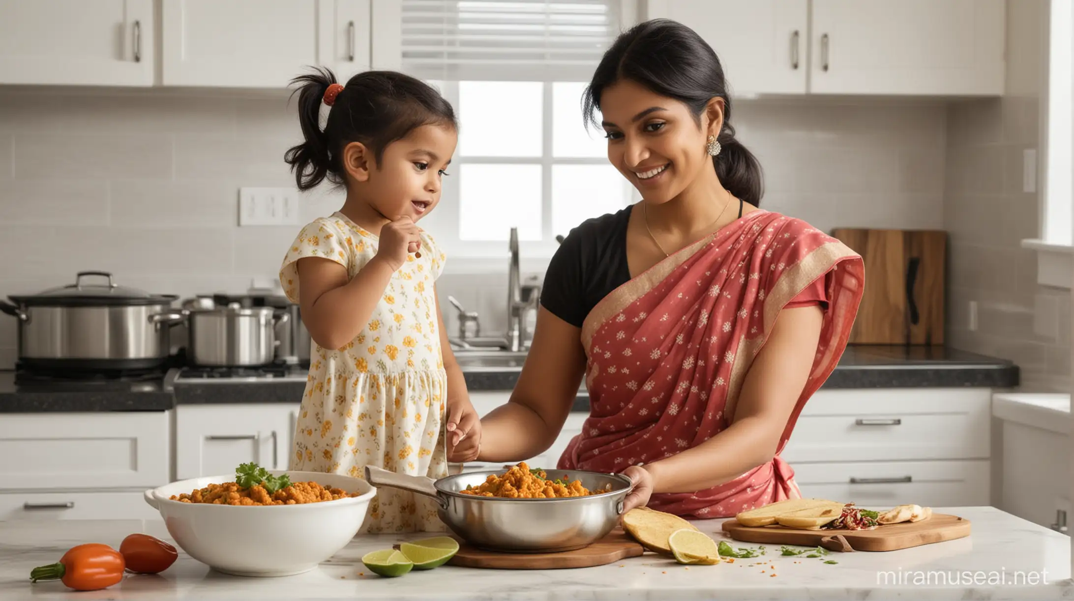 Create an image of Indian woman in her 20s, making Indian food in American kitchen, along with her 3 year old girl. 