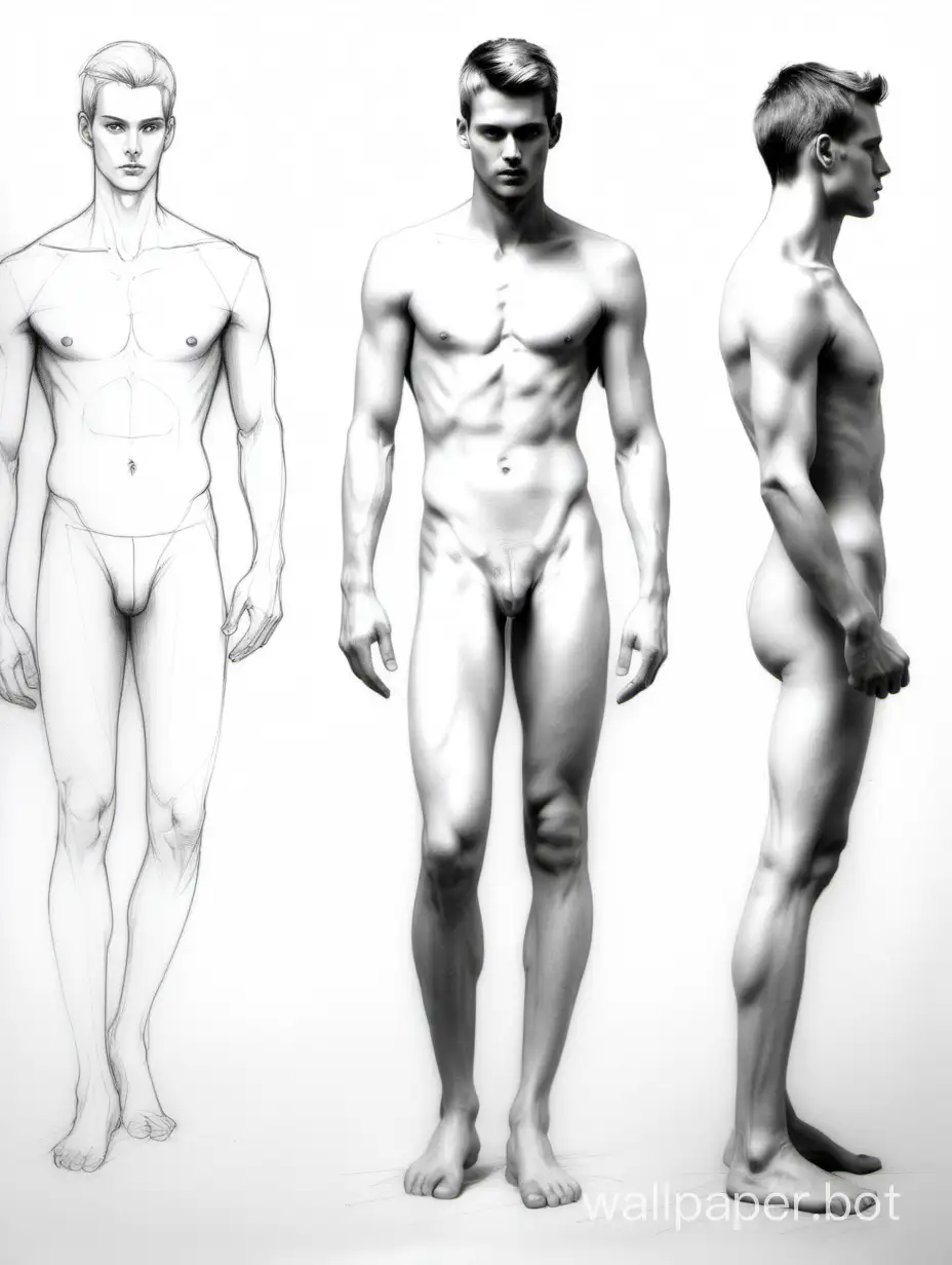 drawing male model, pose for drawing, left, right, front